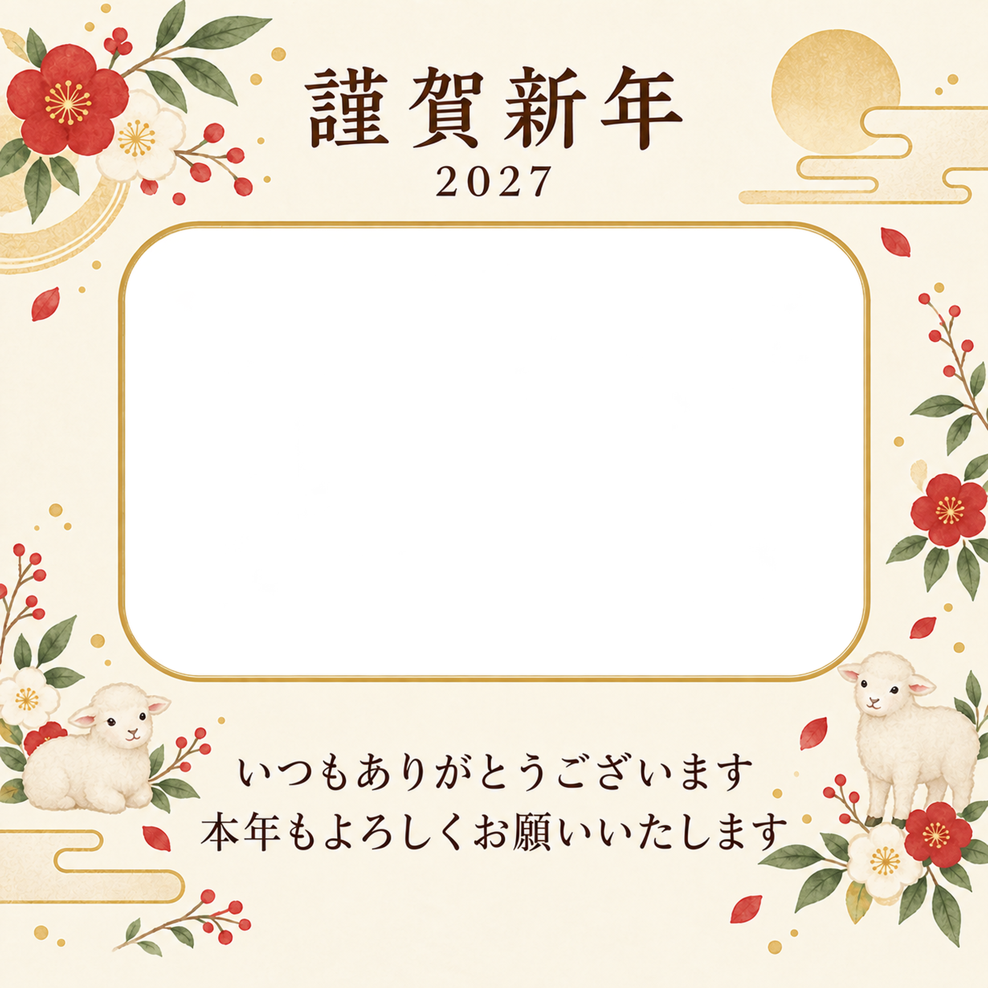 余白を生かす和・小花の写真年賀状｜お店・スタッフの無料イラスト素材 99465に写真・文字を入れる