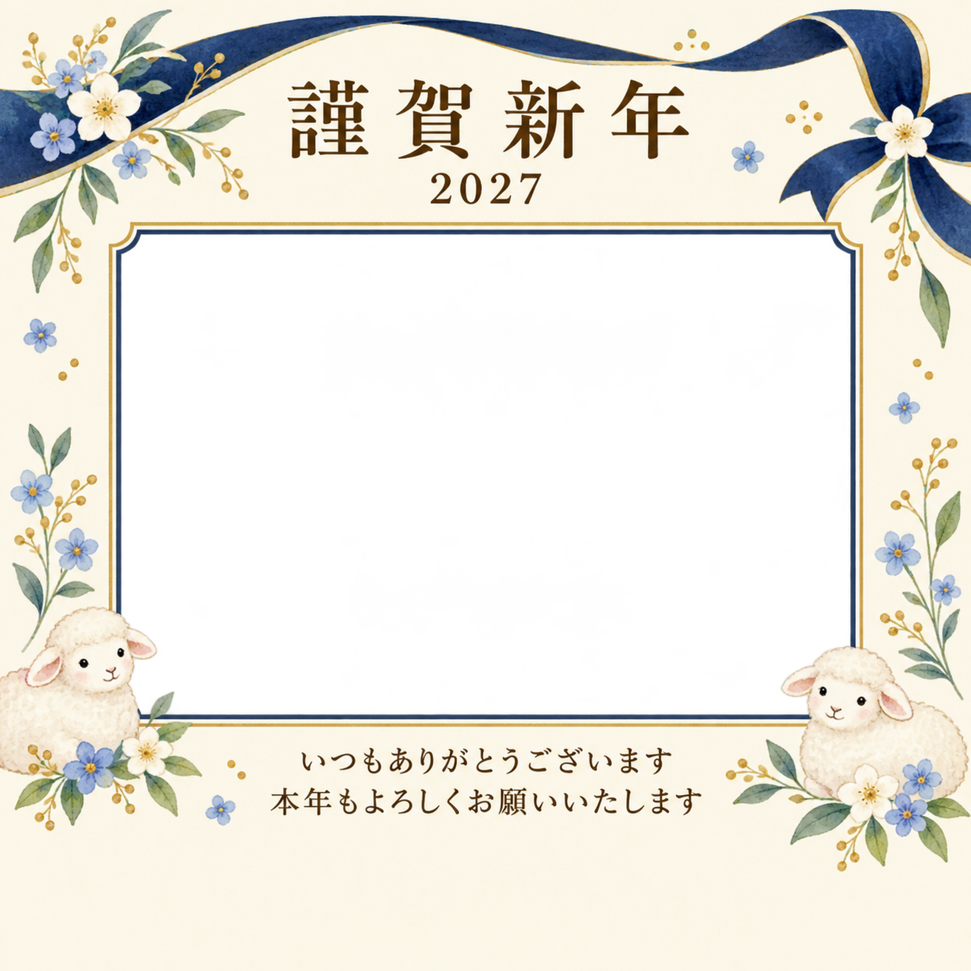 紺色の晴れやかさ・小花の写真年賀状｜お店・スタッフの無料イラスト素材 99466に写真・文字を入れる