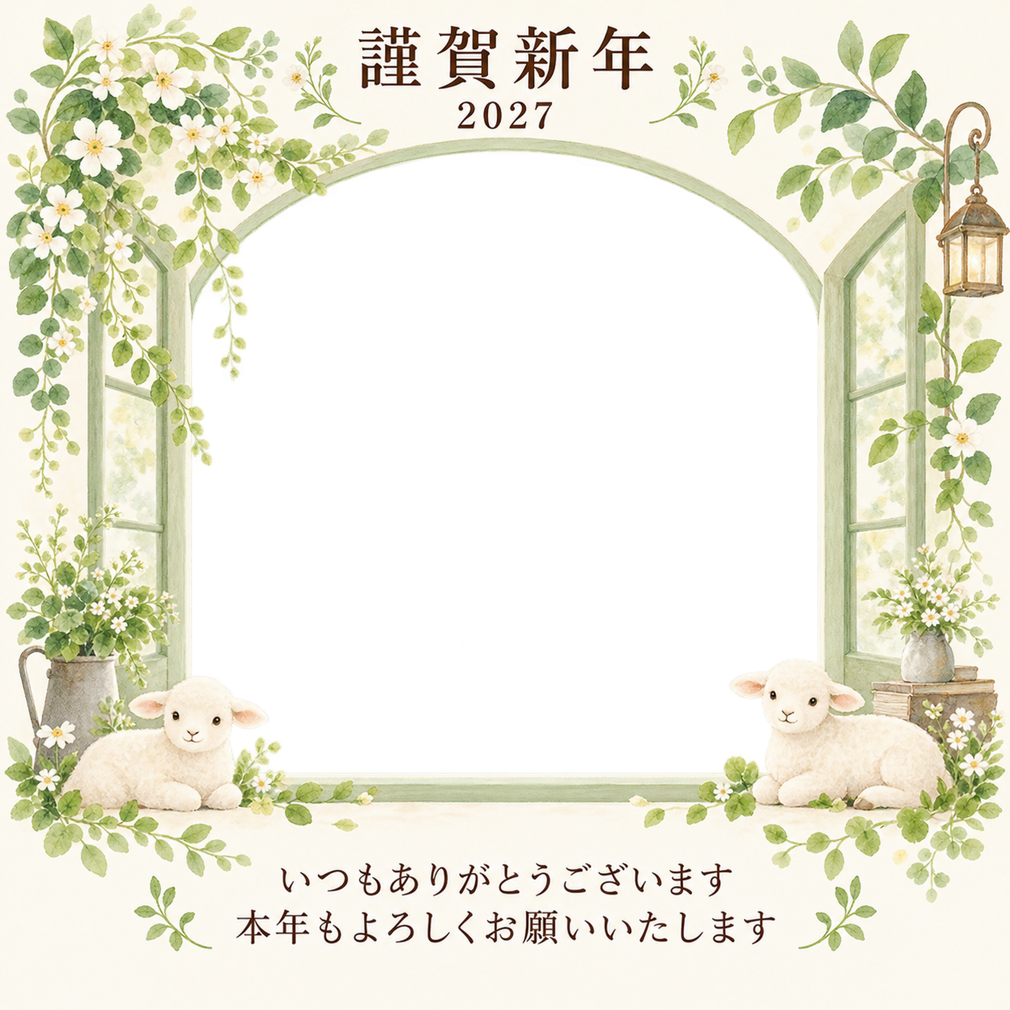 若葉の窓辺・小花の写真年賀状｜お店・スタッフの無料イラスト素材 99467に写真・文字を入れる
