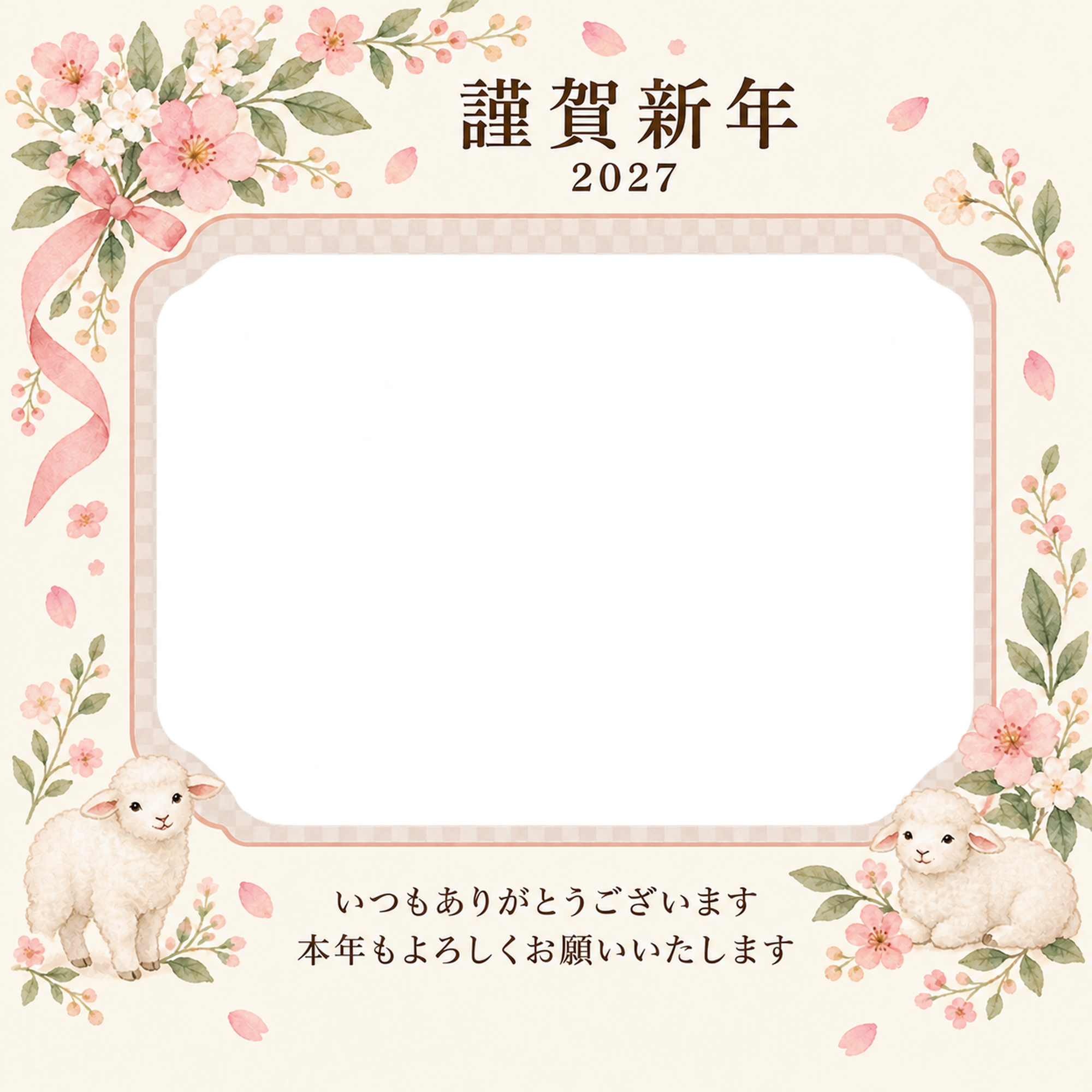 桃色のやさしさ・小花の写真年賀状｜お店・スタッフの無料イラスト素材 99468に写真・文字を入れる