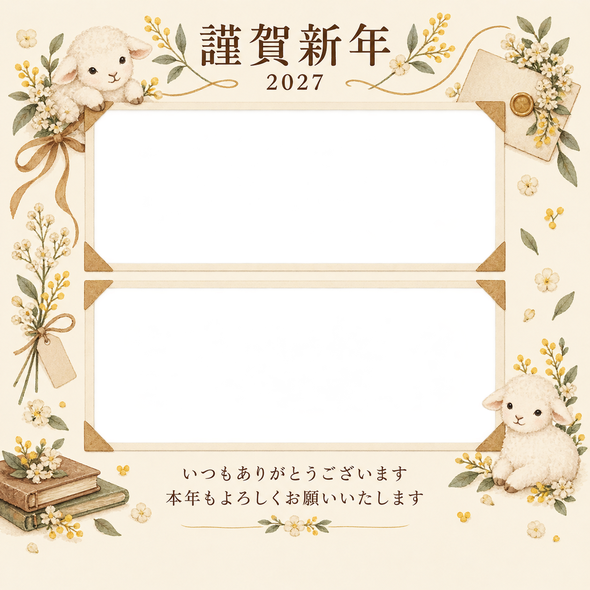 アルバムの一頁・小花の写真年賀状｜お店・スタッフの無料イラスト素材 99469に写真・文字を入れる