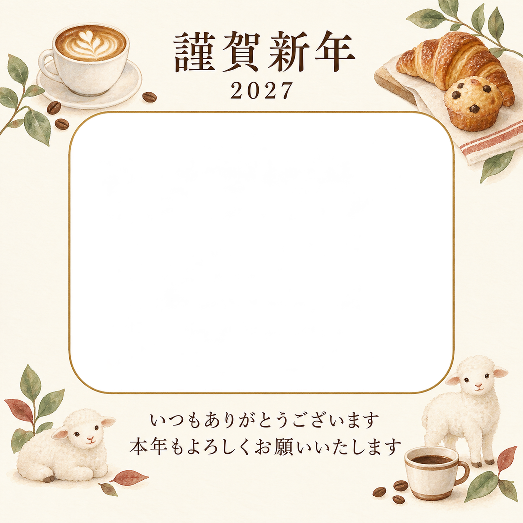 余白を生かす和・小さなカップの写真年賀状｜お店・スタッフの無料イラスト素材 99478に写真・文字を入れる