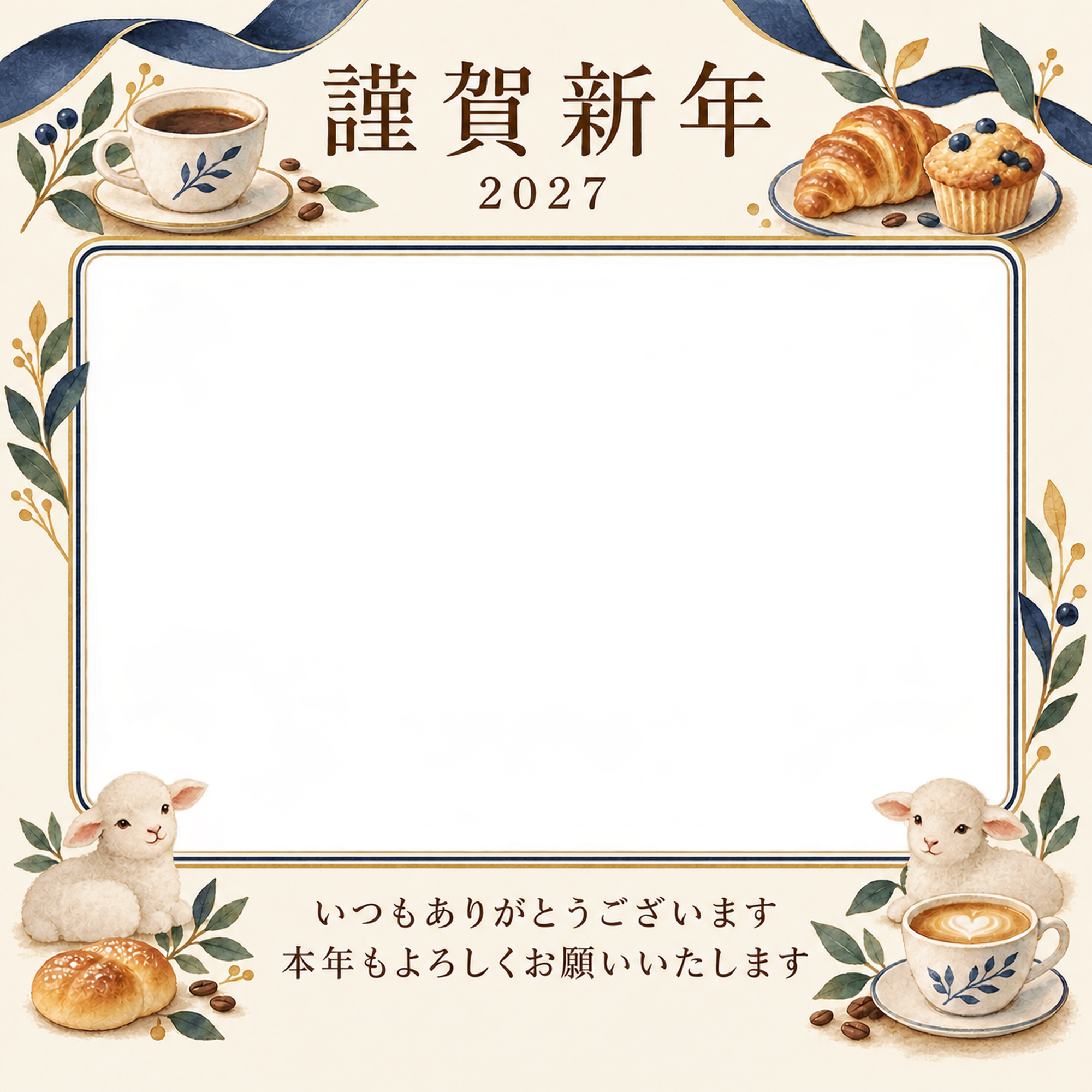 紺色の晴れやかさ・小さなカップの写真年賀状｜お店・スタッフの無料イラスト素材 99479に写真・文字を入れる