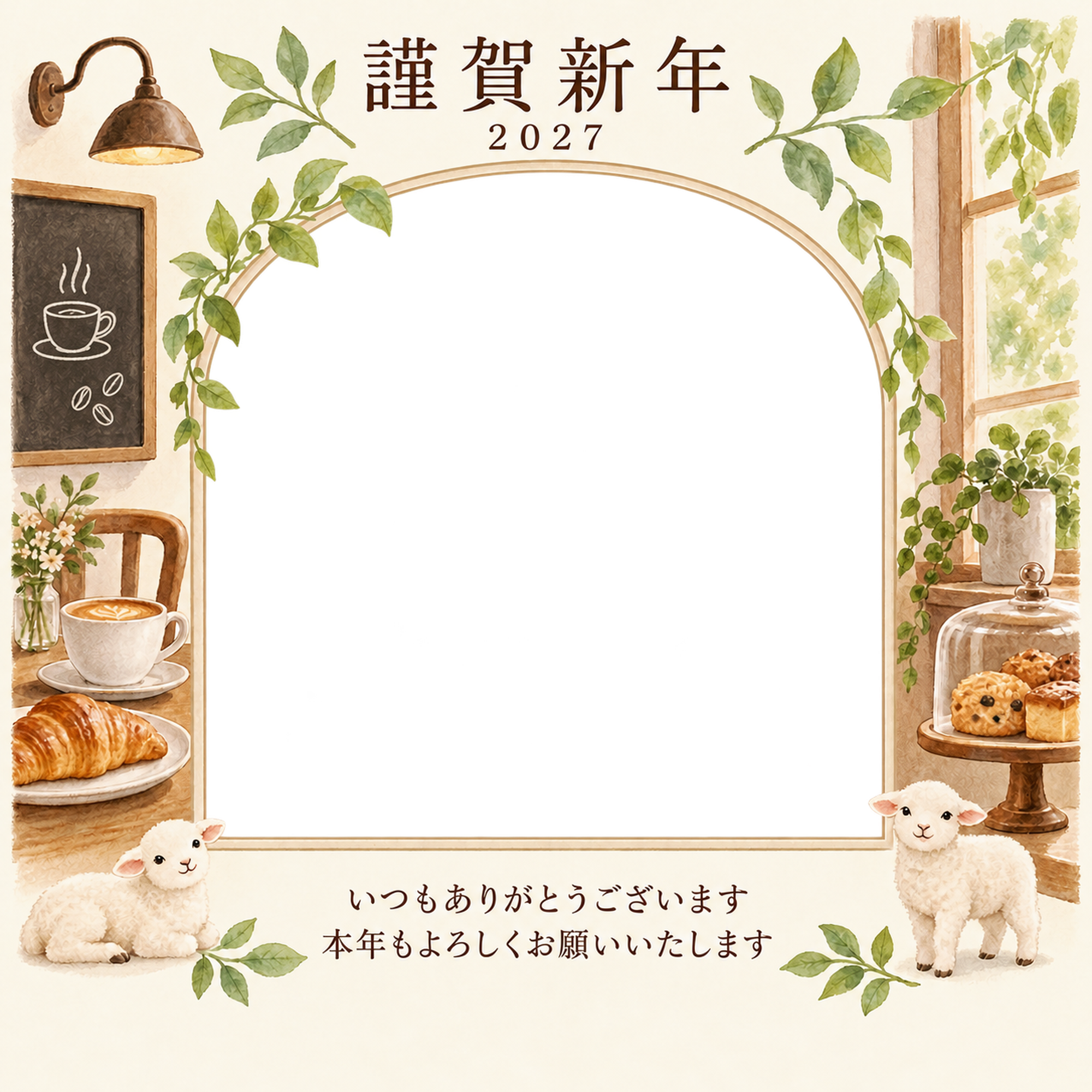 若葉の窓辺・小さなカップの写真年賀状｜お店・スタッフの無料イラスト素材 99480に写真・文字を入れる