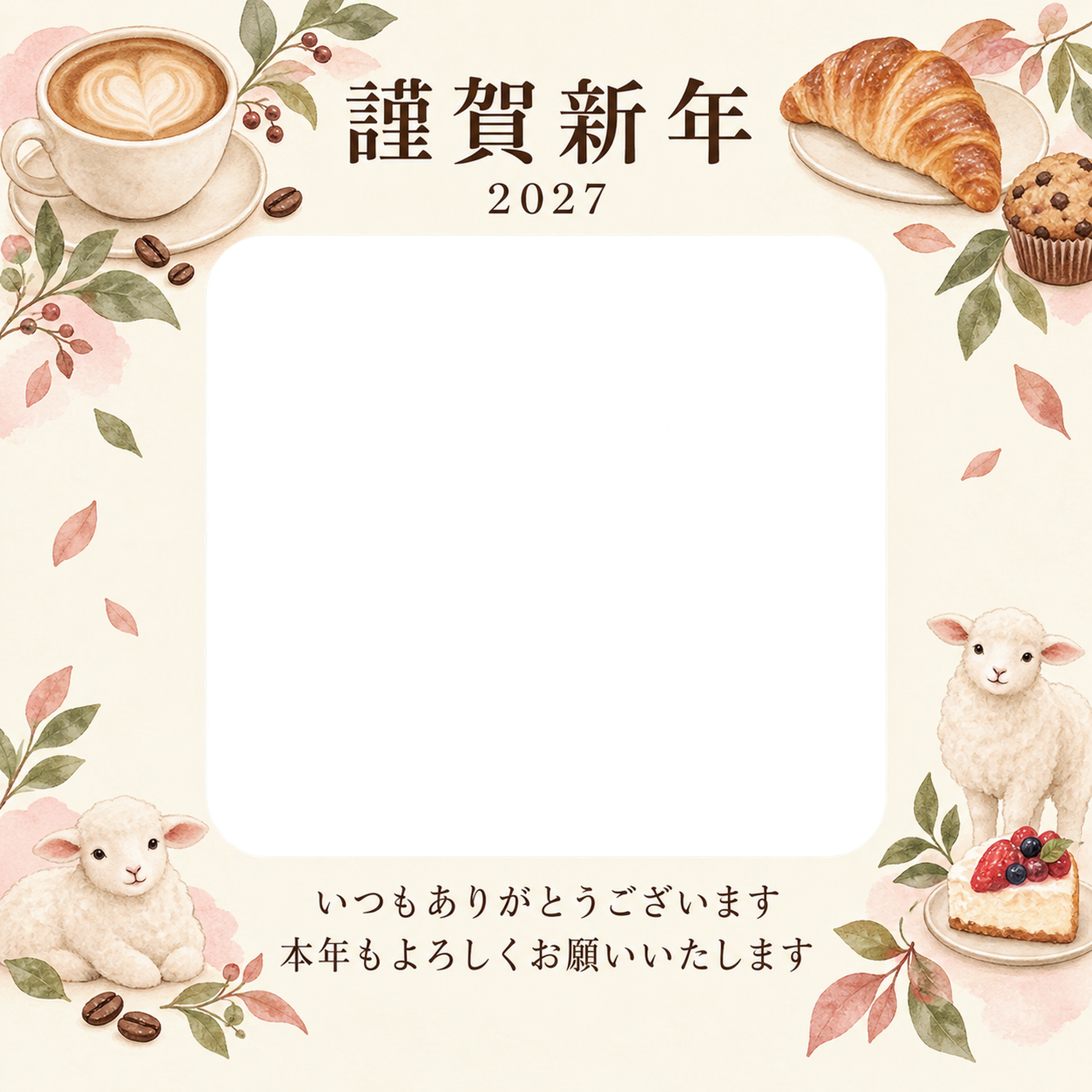 桃色のやさしさ・小さなカップの写真年賀状｜お店・スタッフの無料イラスト素材 99481に写真・文字を入れる