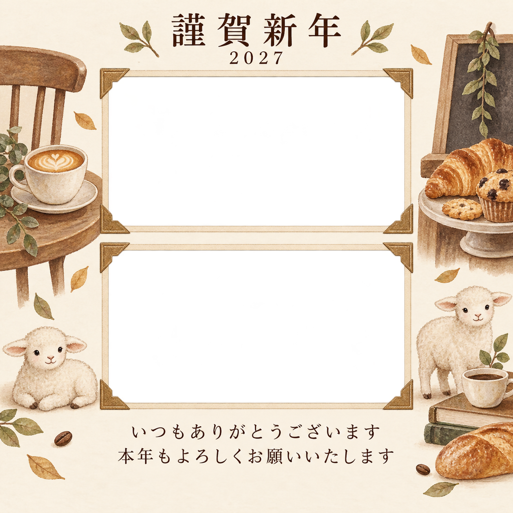 アルバムの一頁・小さなカップの写真年賀状｜お店・スタッフの無料イラスト素材 99482に写真・文字を入れる