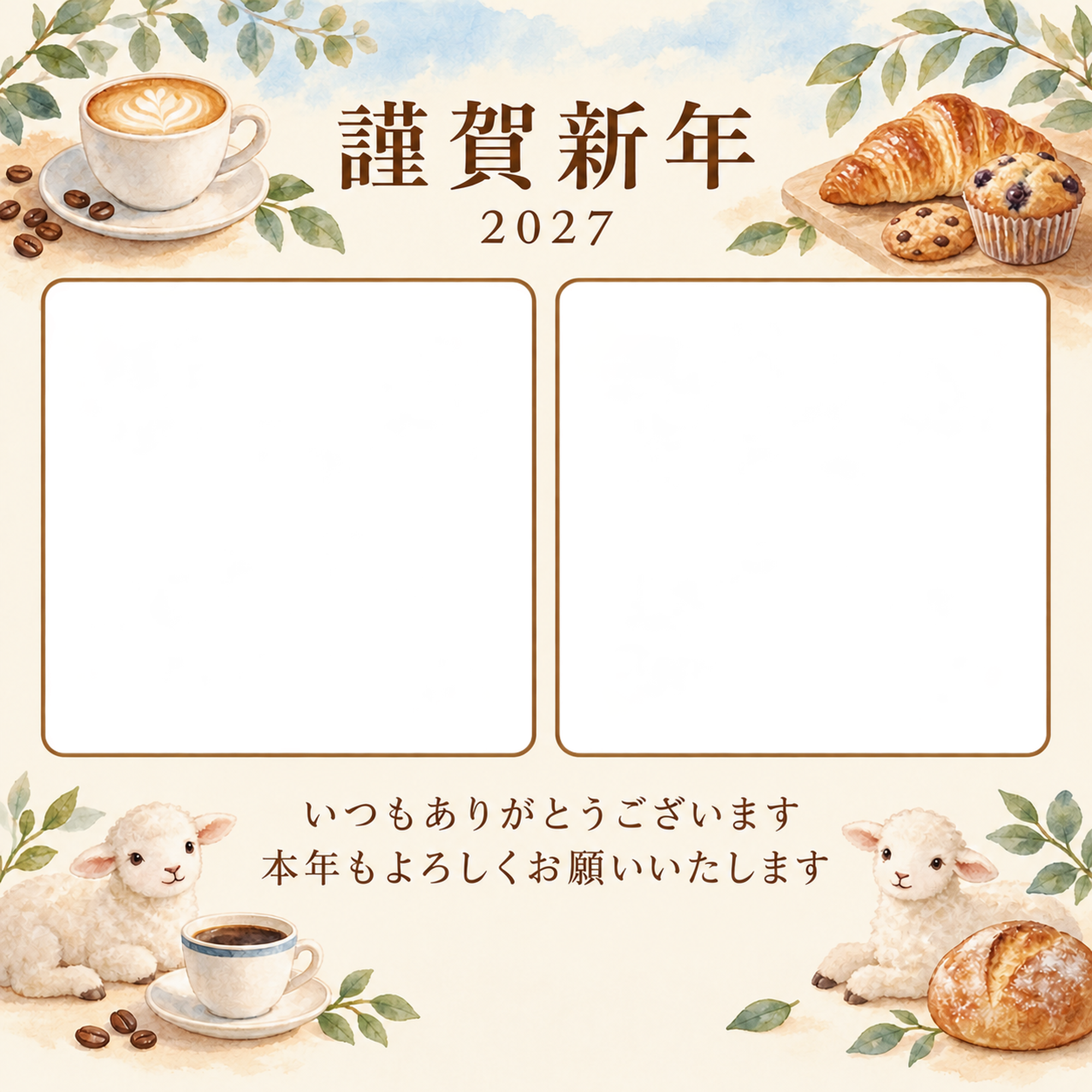 水色の朝・小さなカップの写真年賀状｜お店・スタッフの無料イラスト素材 99483に写真・文字を入れる