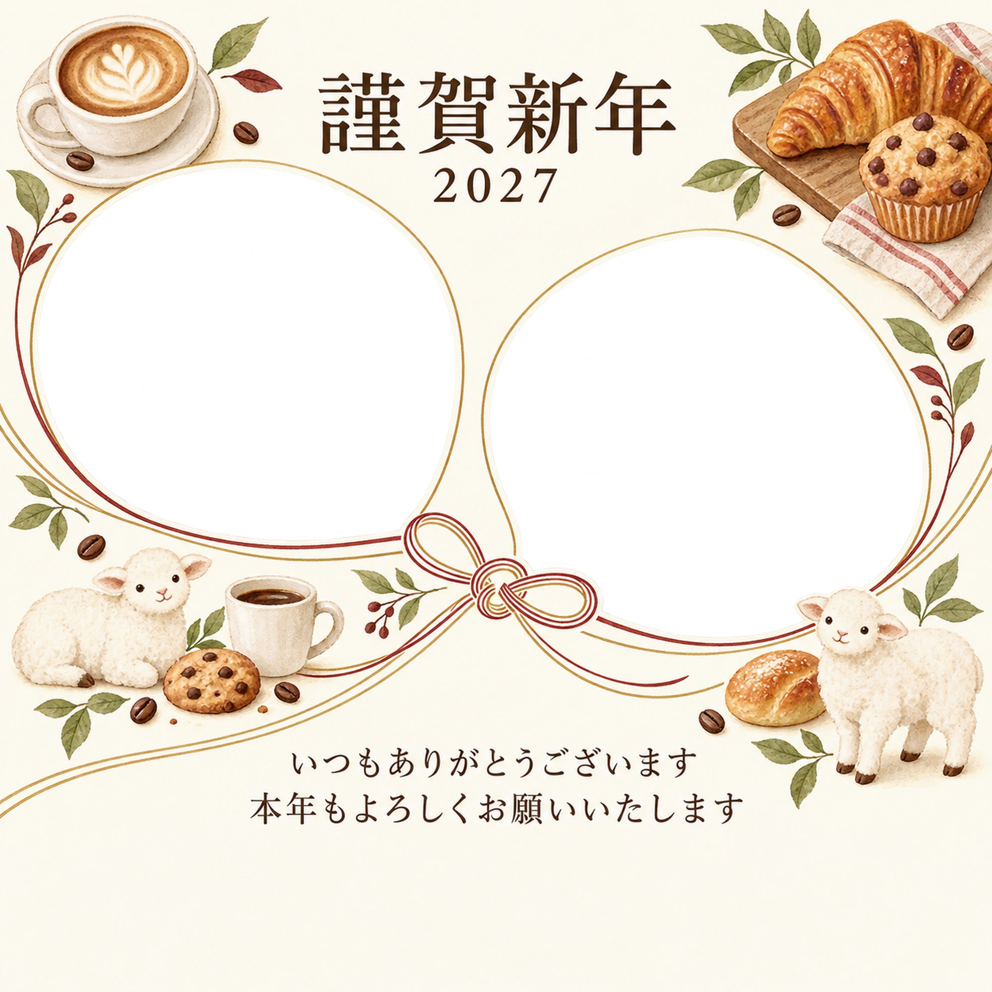 祝う結び目・小さなカップの写真年賀状｜お店・スタッフの無料イラスト素材 99485に写真・文字を入れる