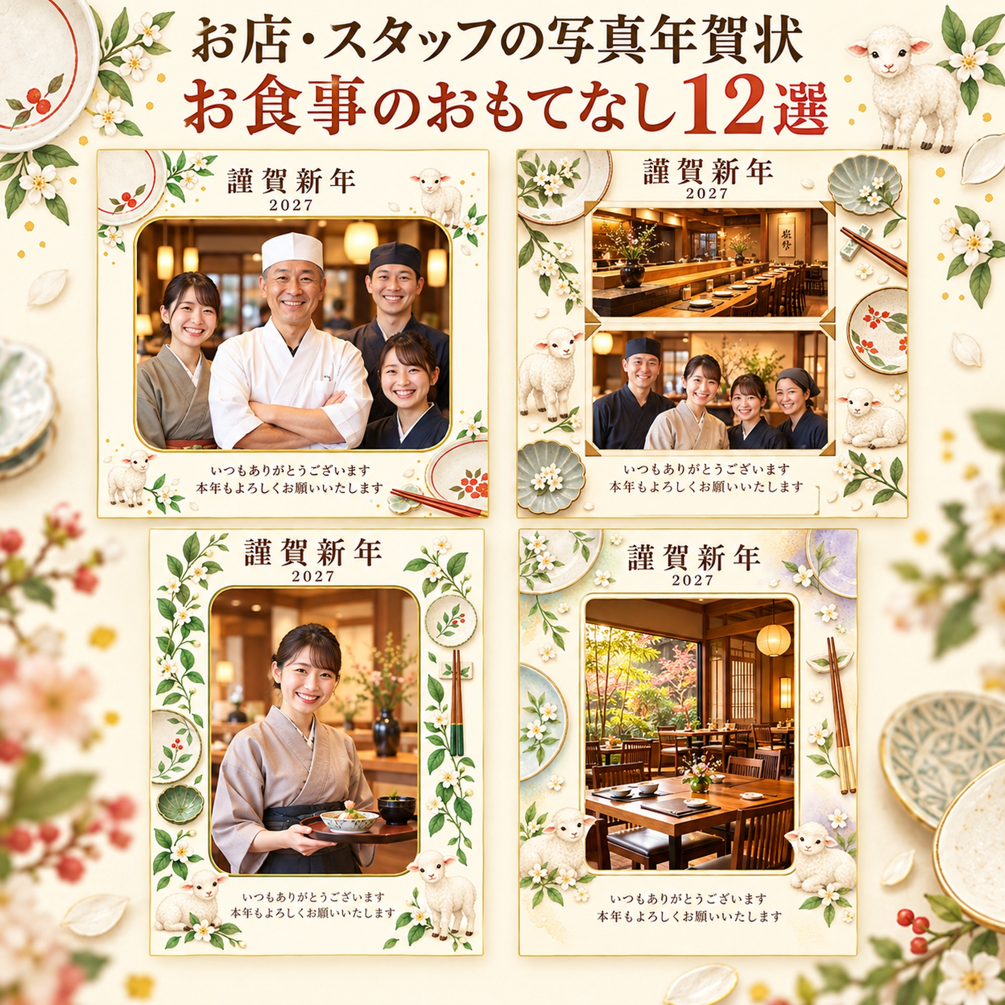 お店・スタッフの写真年賀状・お食事のおもてなし12選｜無料イラスト素材 99490に写真・文字を入れる