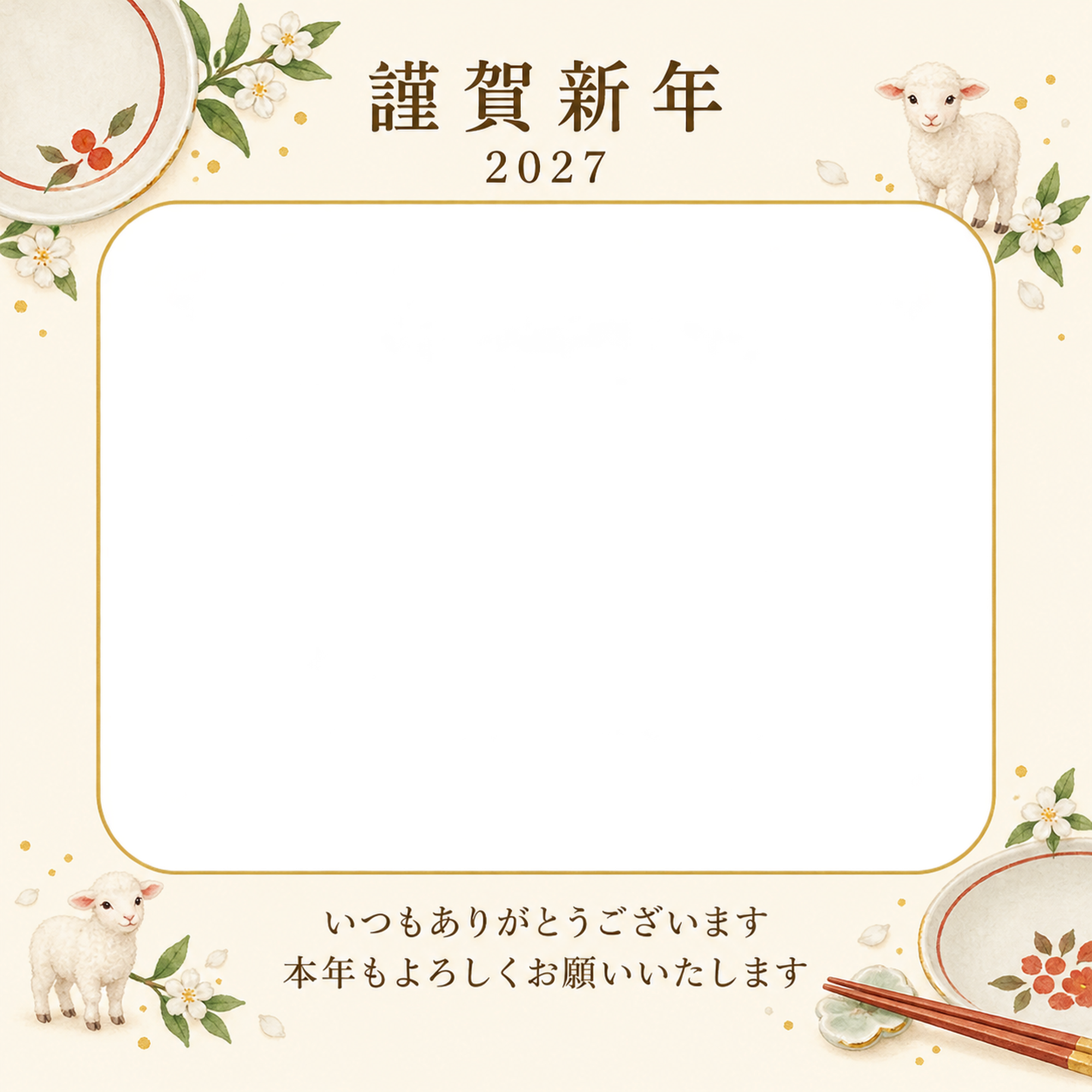 余白を生かす和・皿の写真年賀状｜お店・スタッフの無料イラスト素材 99491に写真・文字を入れる