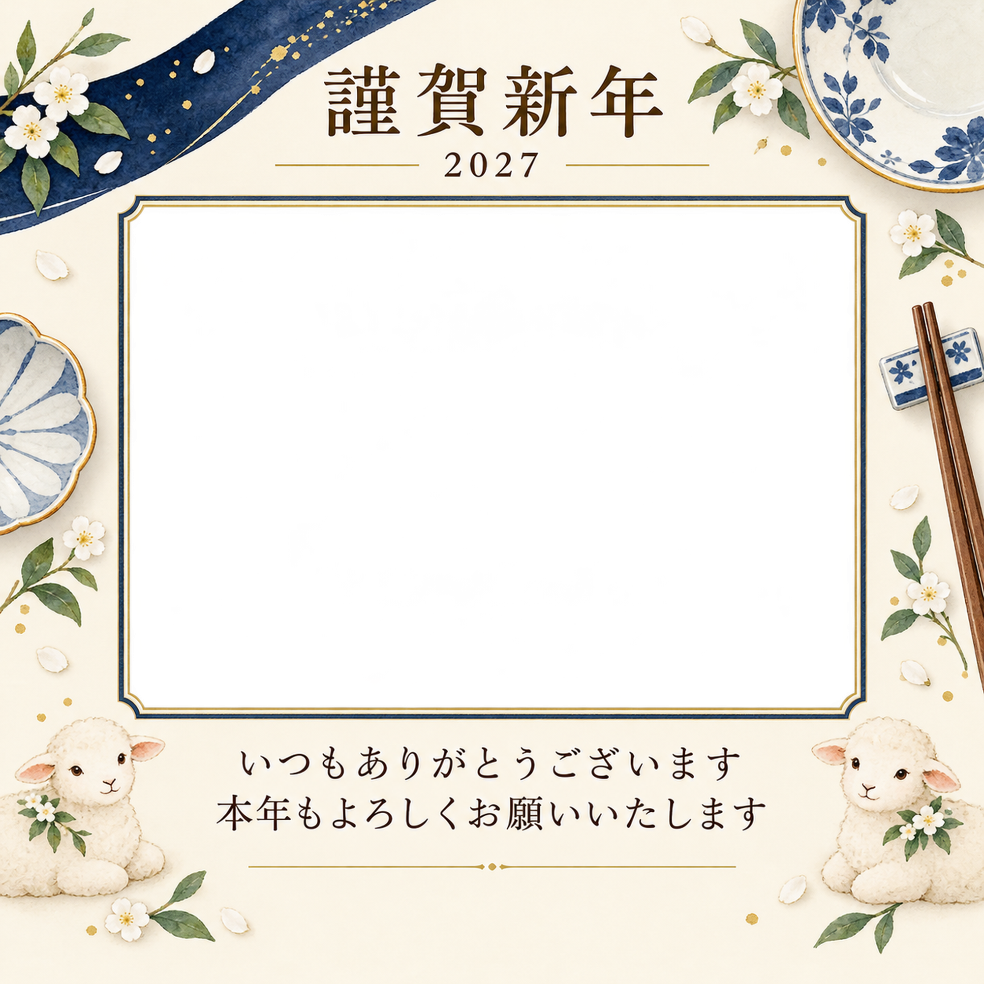 紺色の晴れやかさ・皿の写真年賀状｜お店・スタッフの無料イラスト素材 99492に写真・文字を入れる