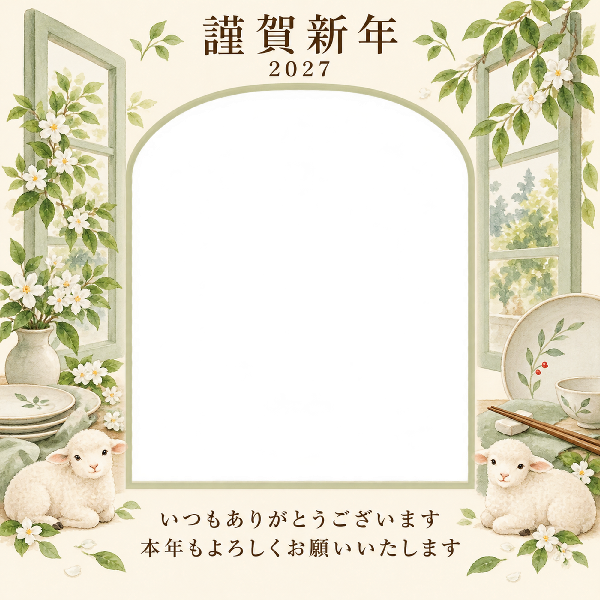 若葉の窓辺・皿の写真年賀状｜お店・スタッフの無料イラスト素材 99493に写真・文字を入れる