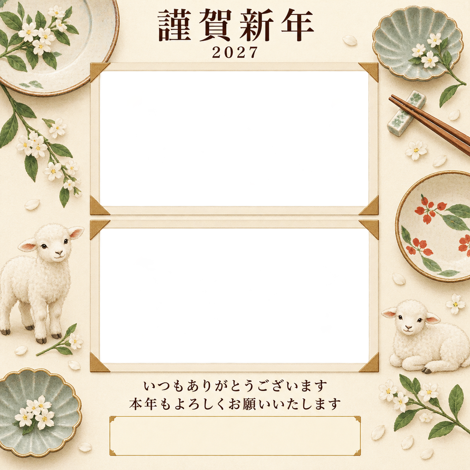 アルバムの一頁・皿の写真年賀状｜お店・スタッフの無料イラスト素材 99495に写真・文字を入れる