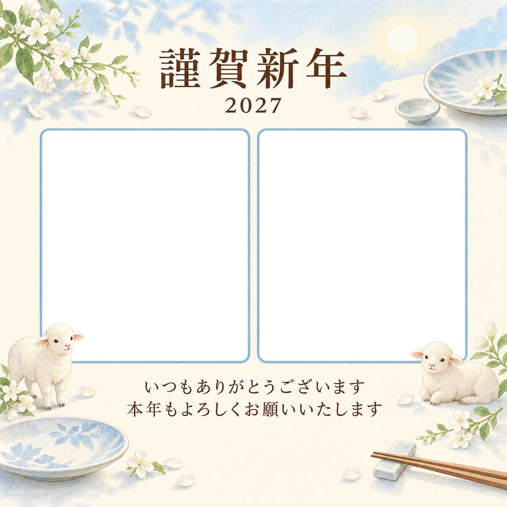 水色の朝・皿の写真年賀状｜お店・スタッフの無料イラスト素材 99496に写真・文字を入れる