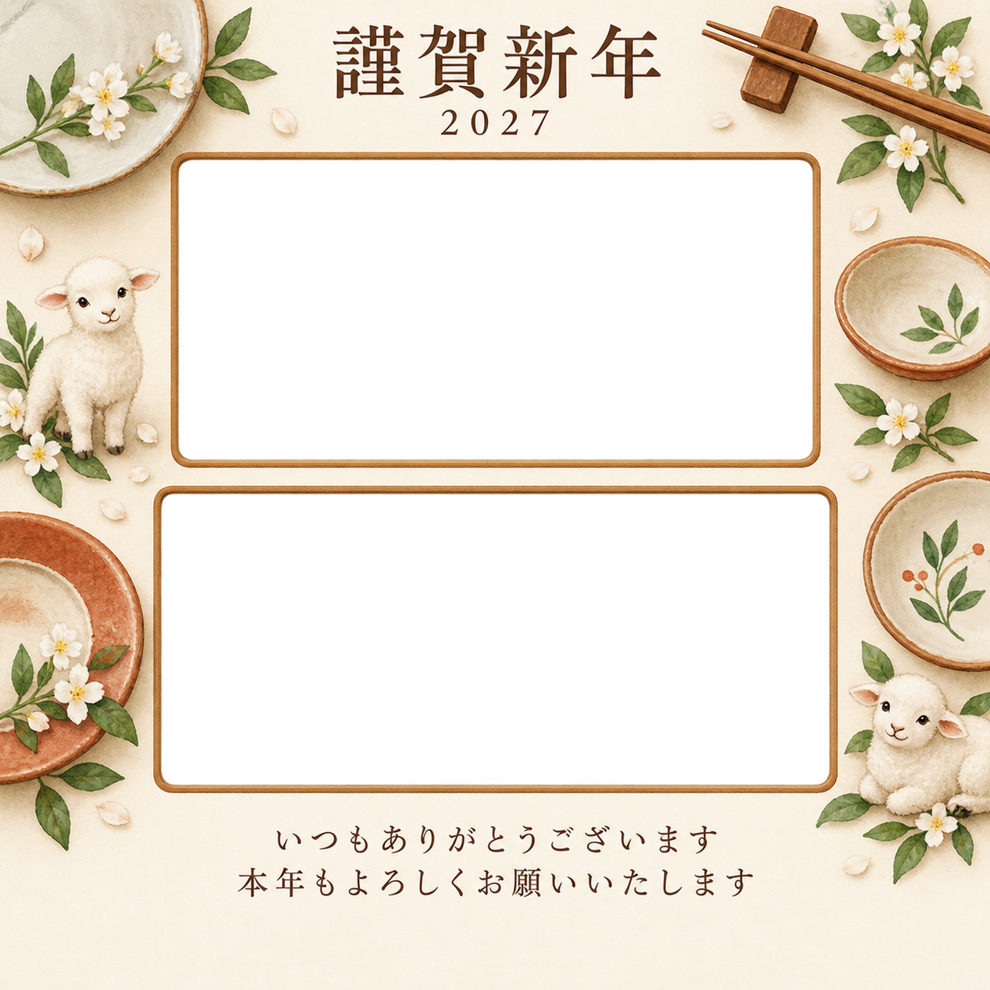 木のぬくもり・皿の写真年賀状｜お店・スタッフの無料イラスト素材 99497に写真・文字を入れる