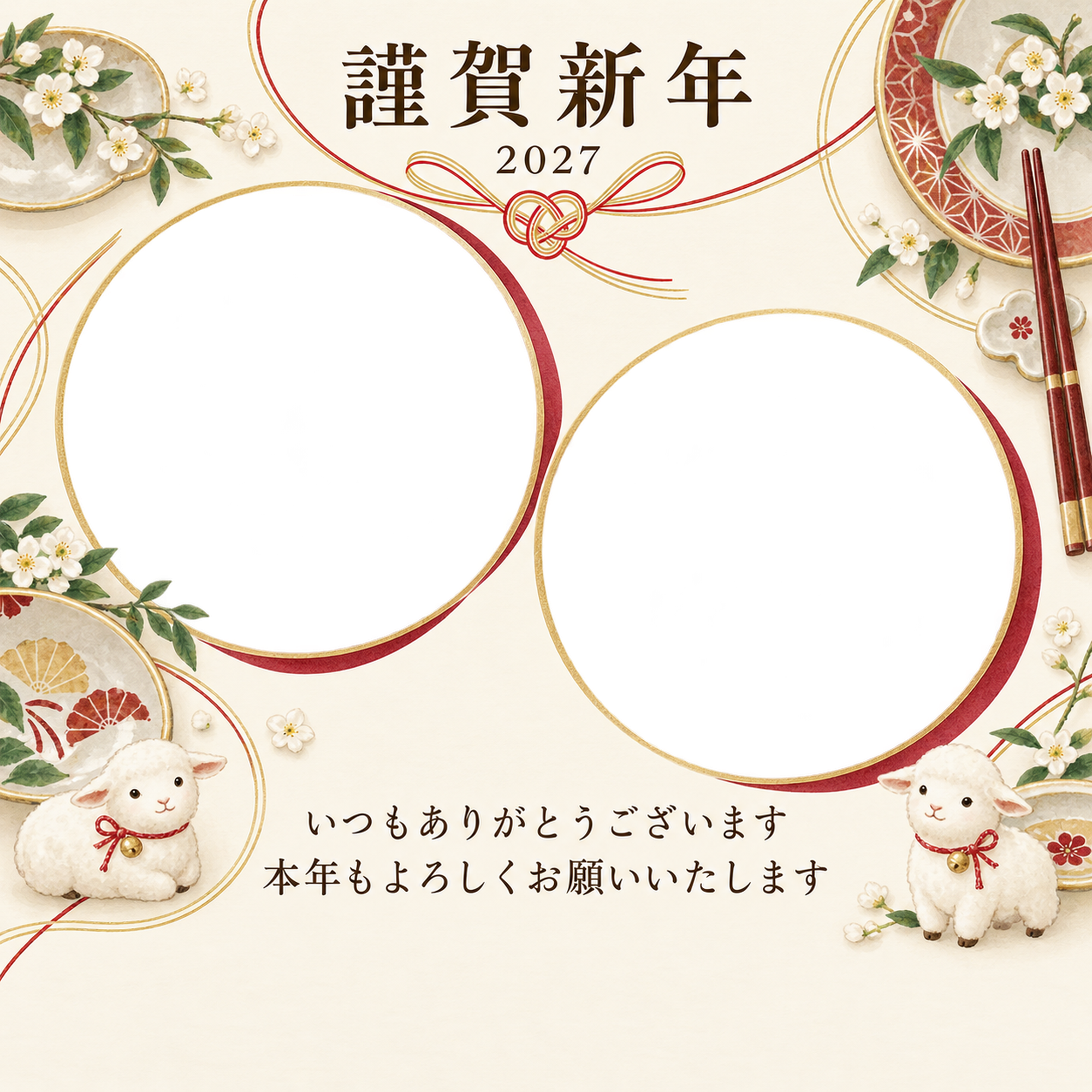 祝う結び目・皿の写真年賀状｜お店・スタッフの無料イラスト素材 99498に写真・文字を入れる