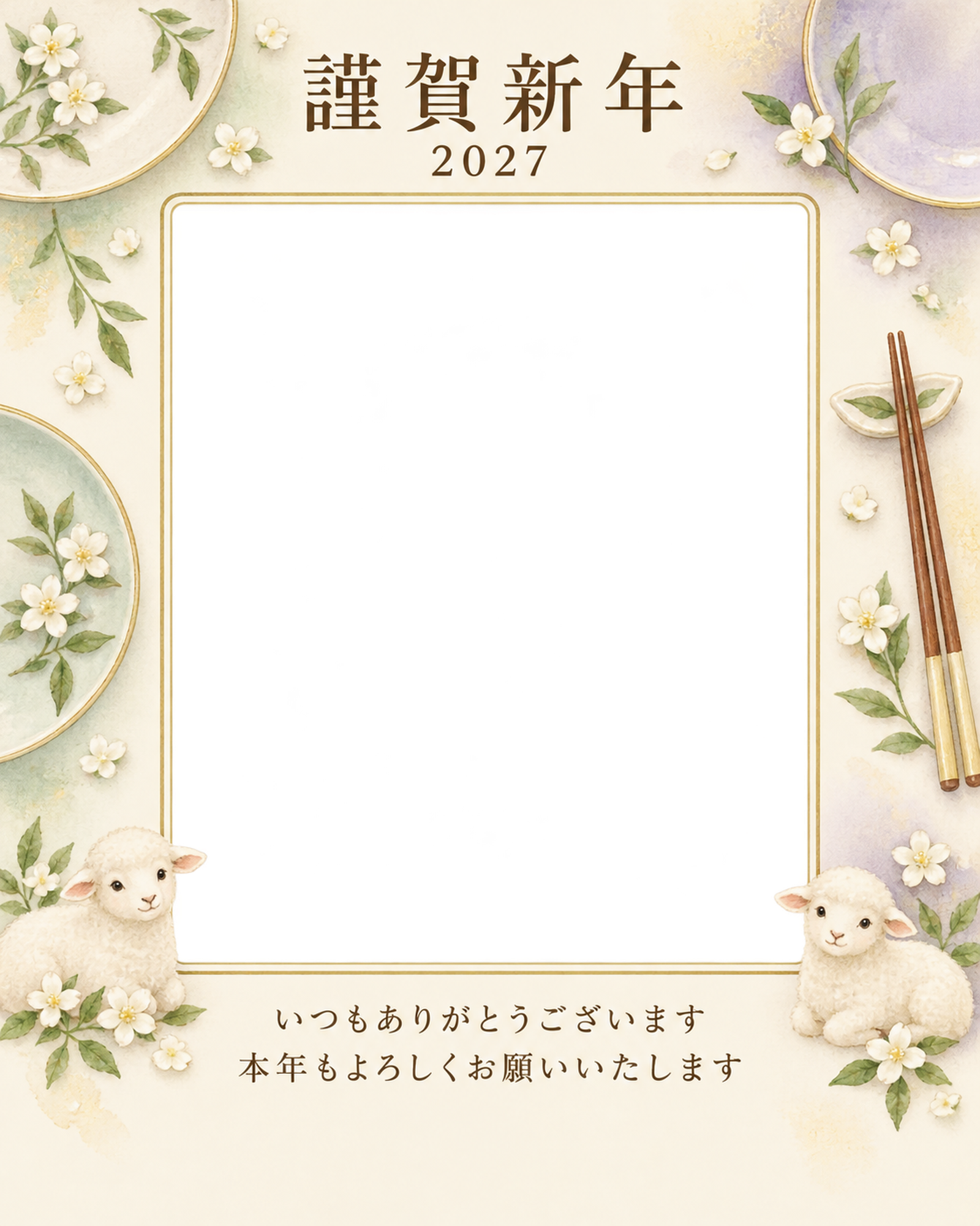 光のご挨拶・皿の写真年賀状｜お店・スタッフの無料イラスト素材 99500に写真・文字を入れる