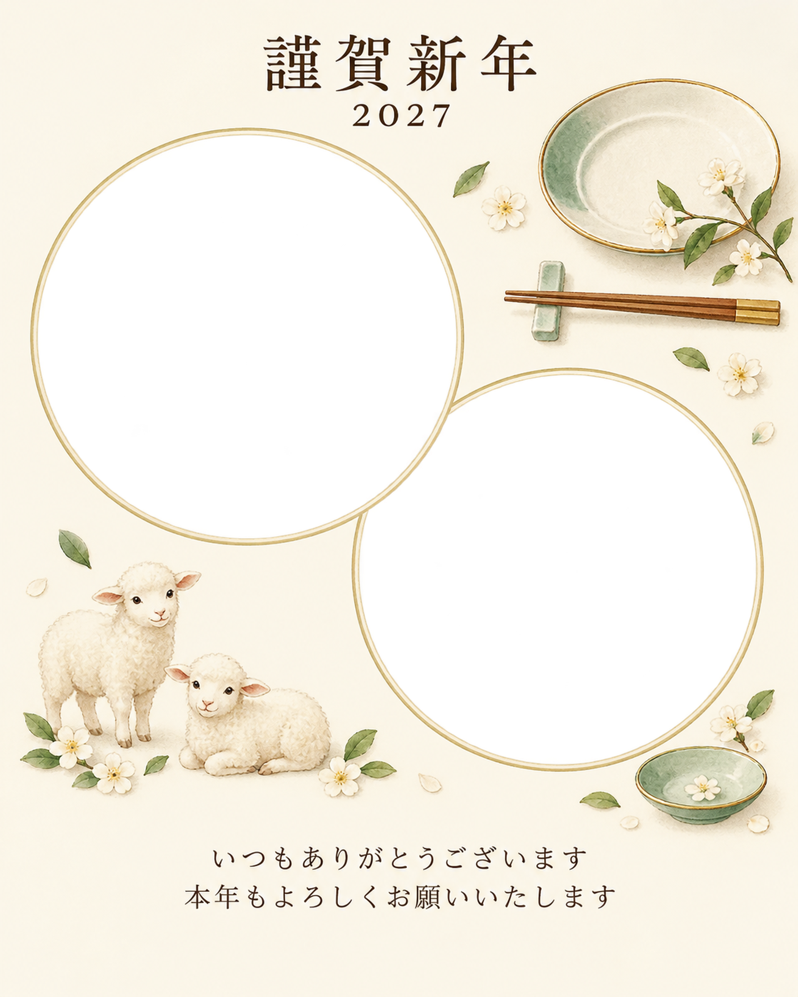 写真をすっきり・皿の写真年賀状｜お店・スタッフの無料イラスト素材 99502に写真・文字を入れる