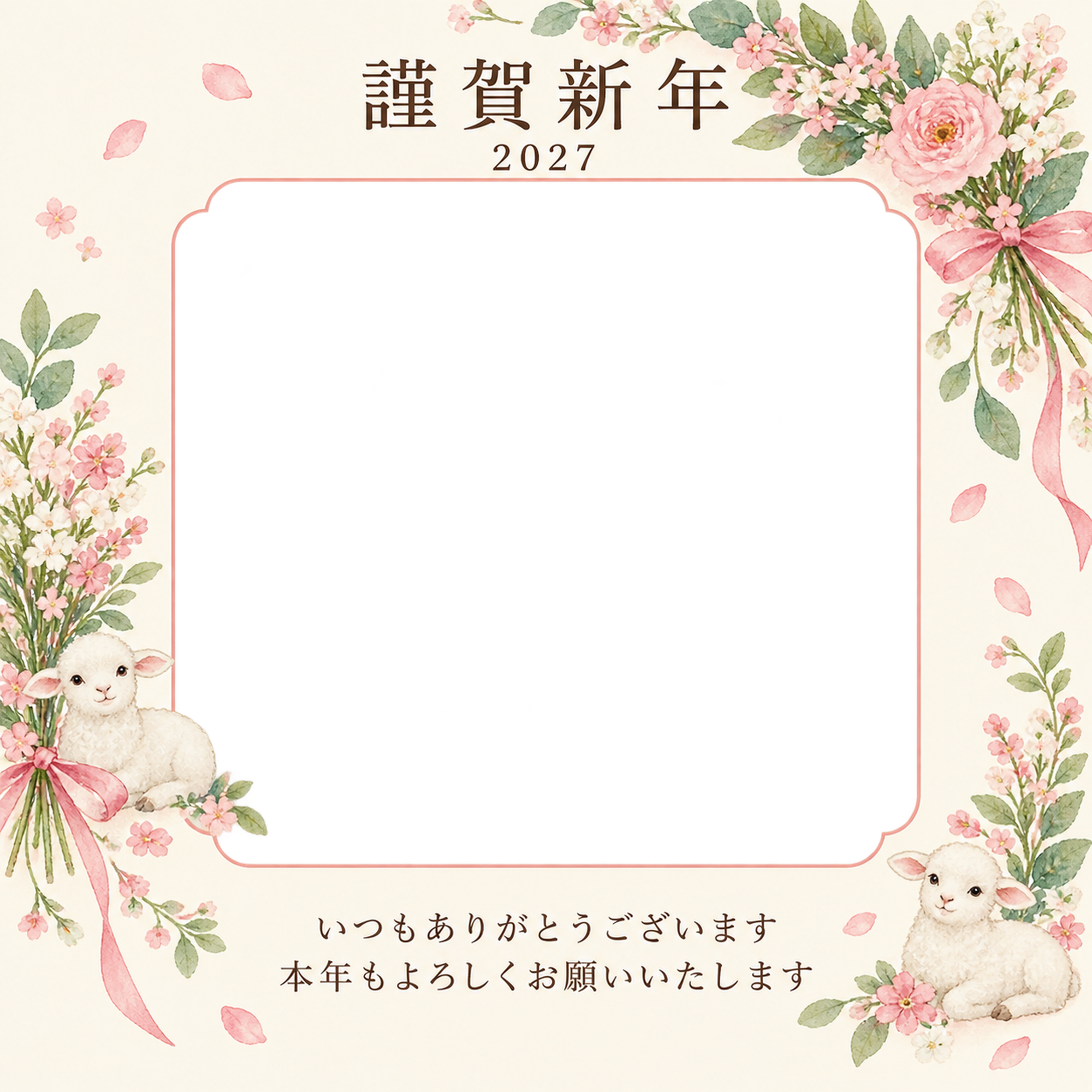 桃色のやさしさ・小花の束の写真年賀状｜お店・スタッフの無料イラスト素材 99507に写真・文字を入れる