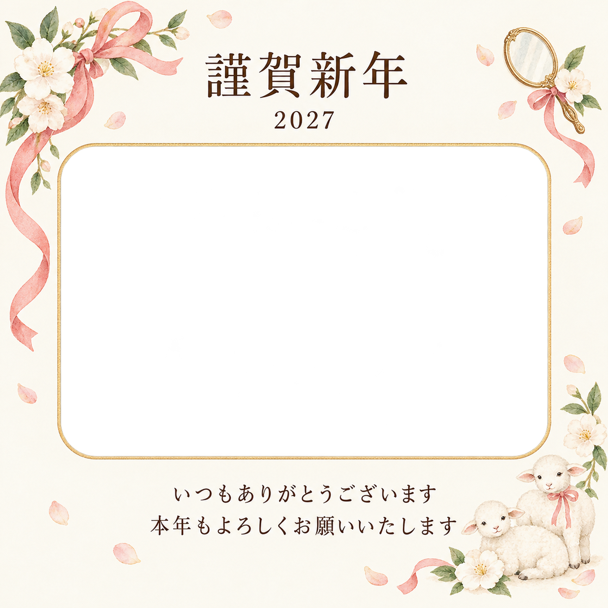 余白を生かす和・白い花の写真年賀状｜お店・スタッフの無料イラスト素材 99517に写真・文字を入れる