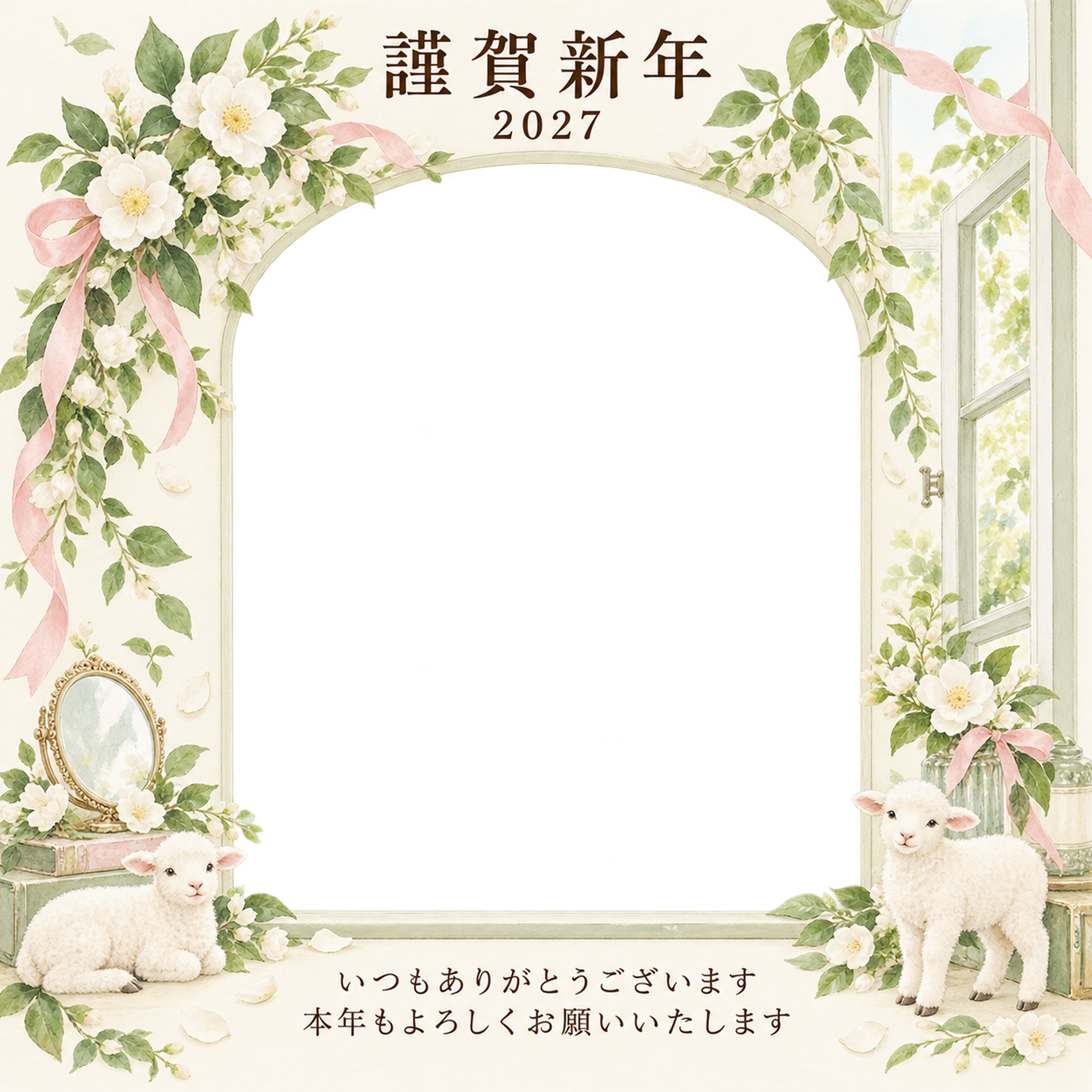 若葉の窓辺・白い花の写真年賀状｜お店・スタッフの無料イラスト素材 99519に写真・文字を入れる