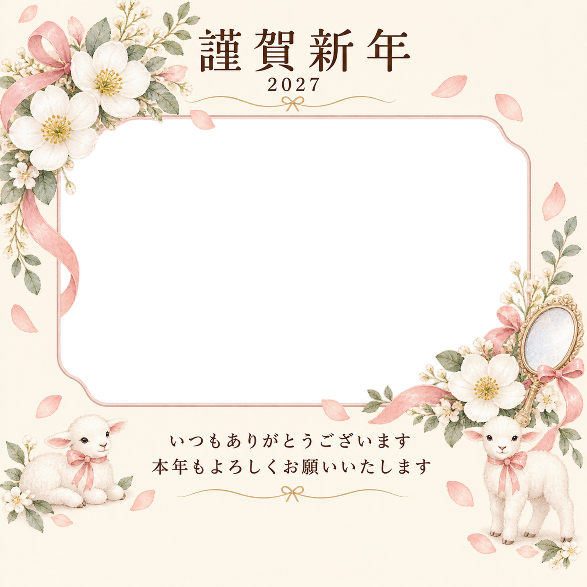 桃色のやさしさ・白い花の写真年賀状｜お店・スタッフの無料イラスト素材 99520に写真・文字を入れる