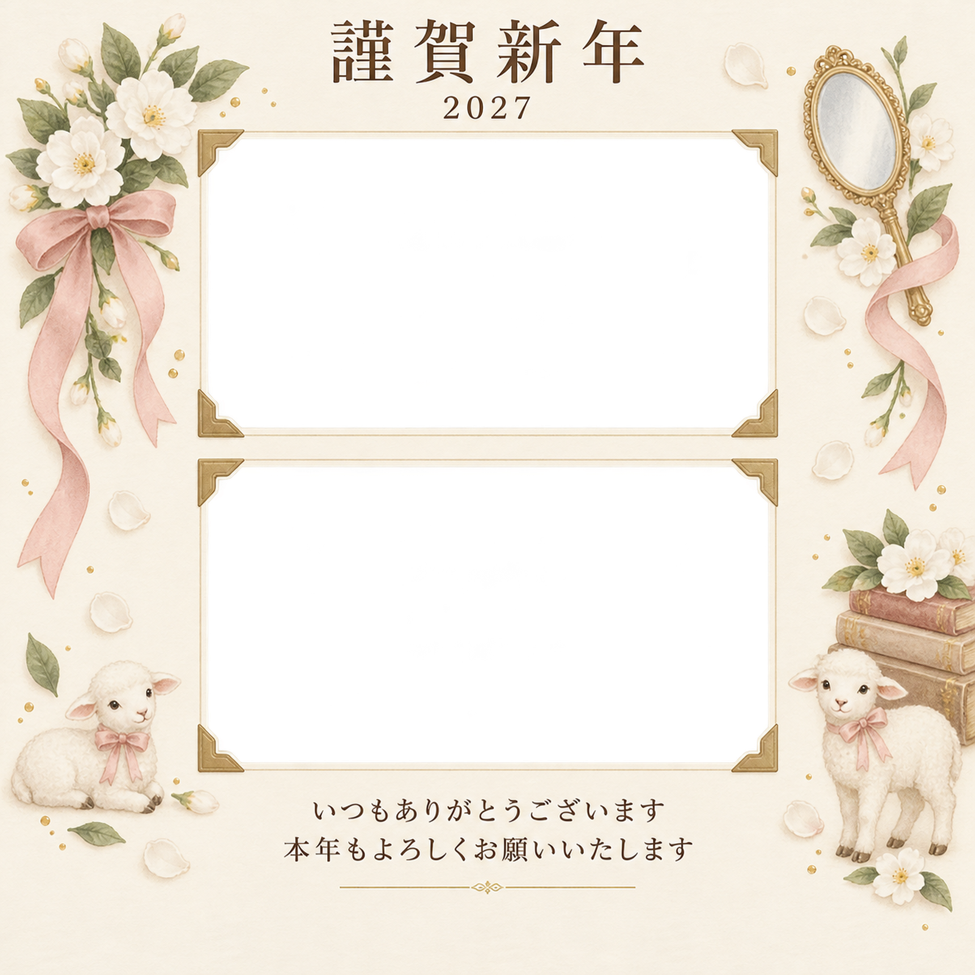 アルバムの一頁・白い花の写真年賀状｜お店・スタッフの無料イラスト素材 99521に写真・文字を入れる