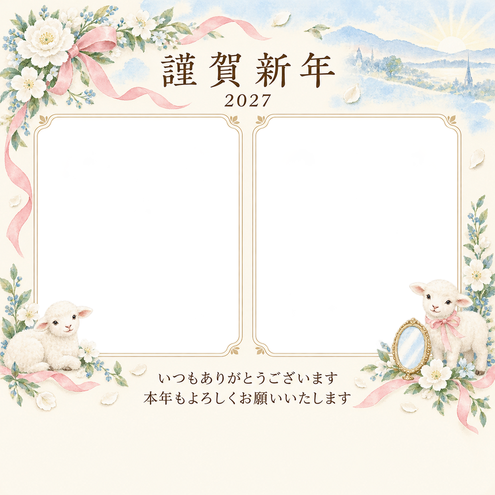水色の朝・白い花の写真年賀状｜お店・スタッフの無料イラスト素材 99522に写真・文字を入れる