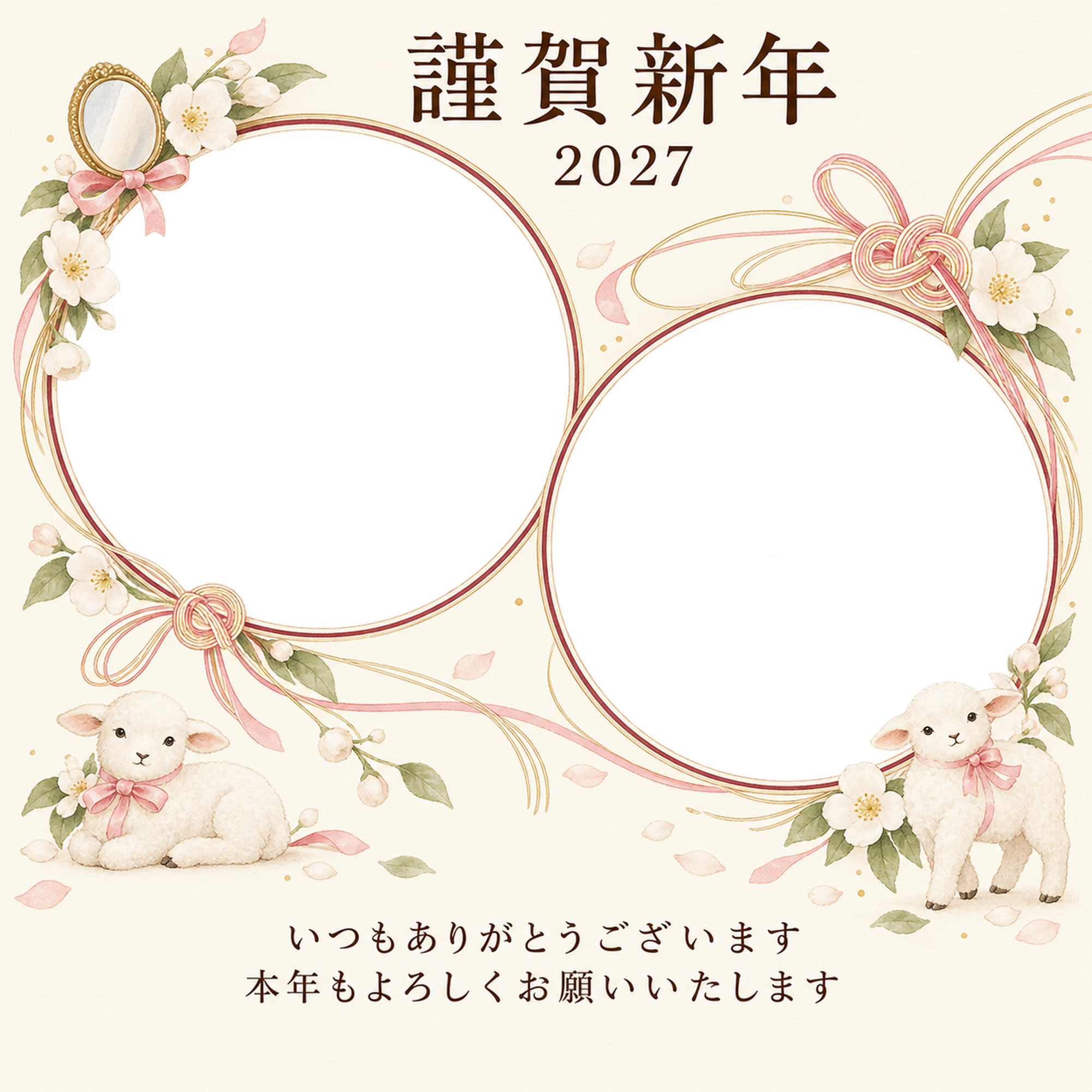 祝う結び目・白い花の写真年賀状｜お店・スタッフの無料イラスト素材 99524に写真・文字を入れる