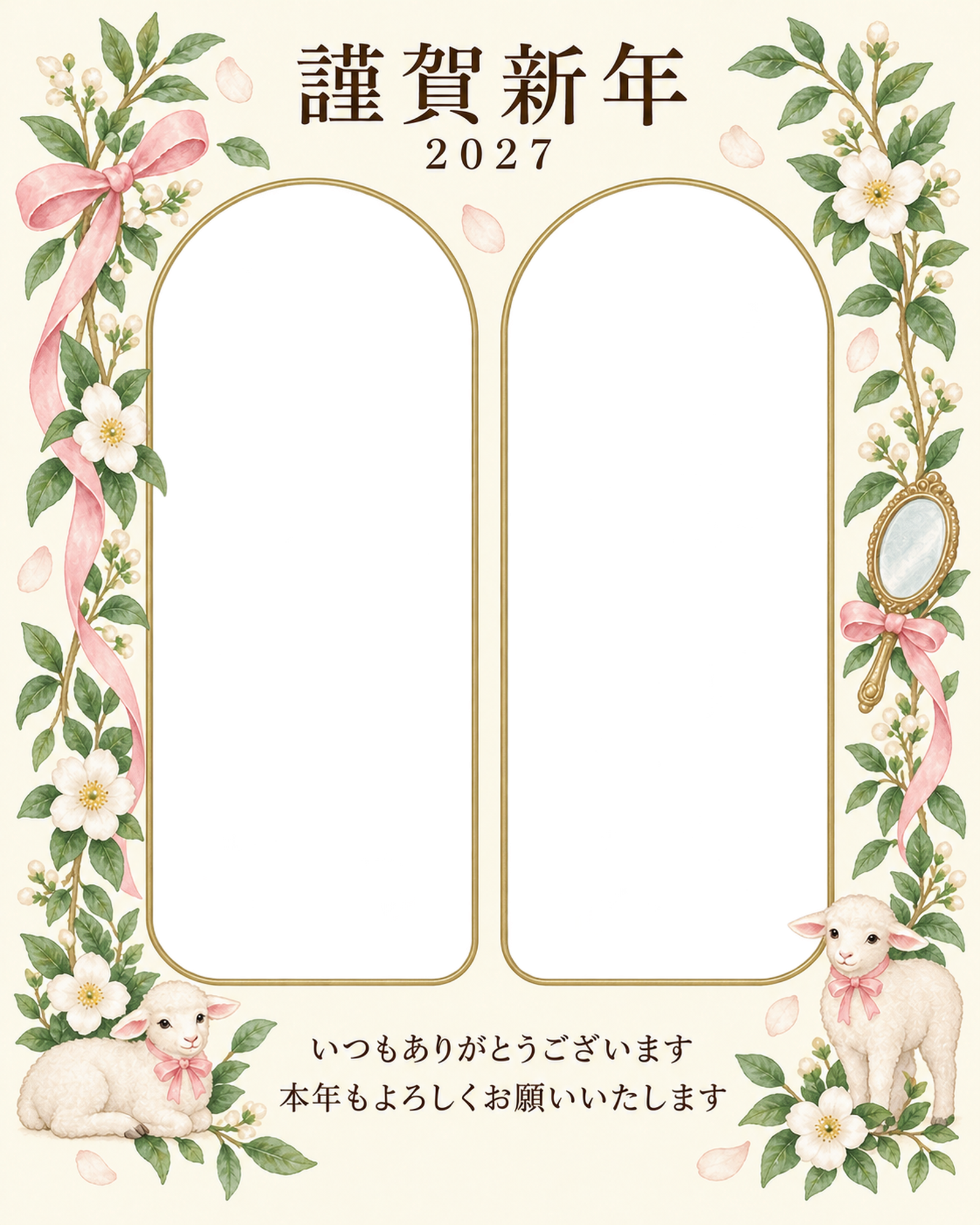 写真をすっきり・白い花の写真年賀状｜お店・スタッフの無料イラスト素材 99528に写真・文字を入れる