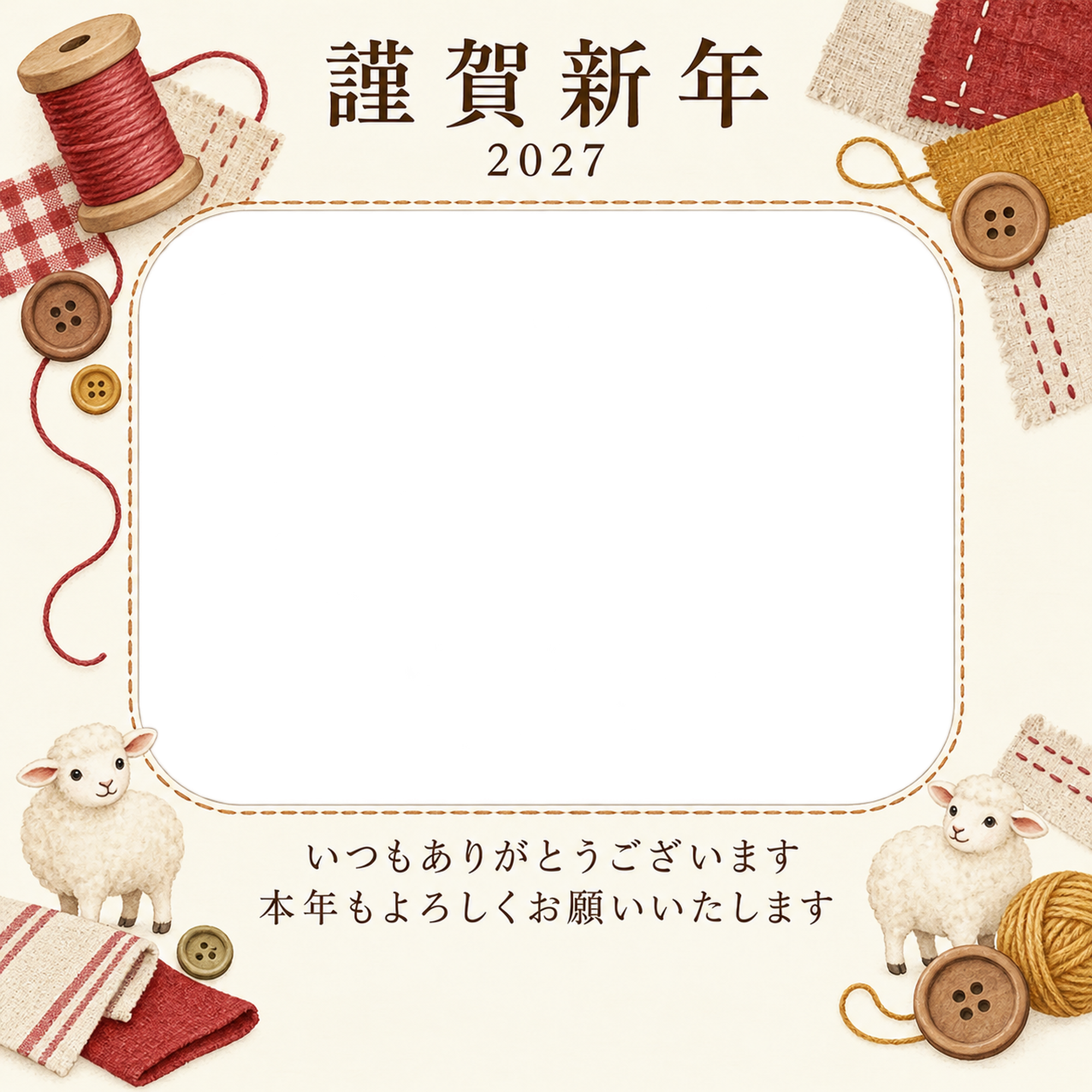 余白を生かす和・糸の写真年賀状｜お店・スタッフの無料イラスト素材 99530に写真・文字を入れる