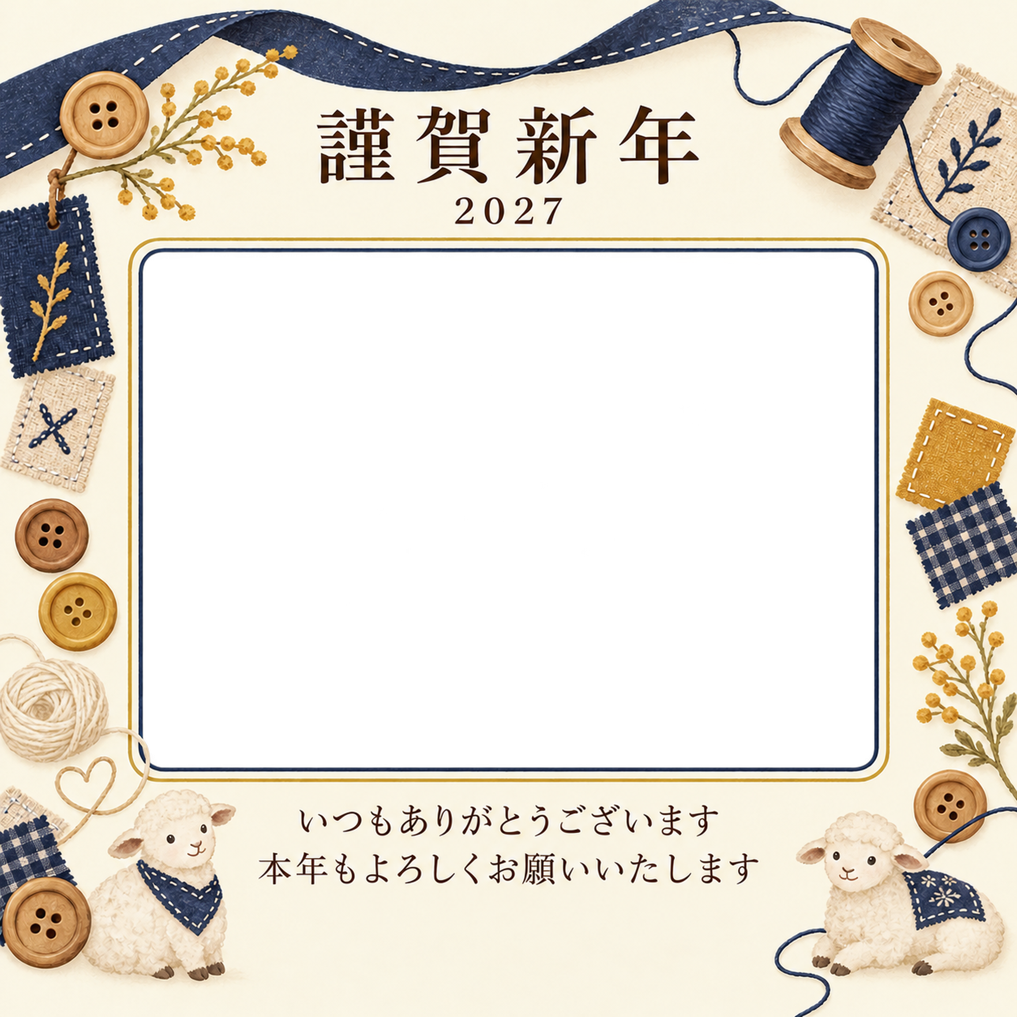 紺色の晴れやかさ・糸の写真年賀状｜お店・スタッフの無料イラスト素材 99531に写真・文字を入れる