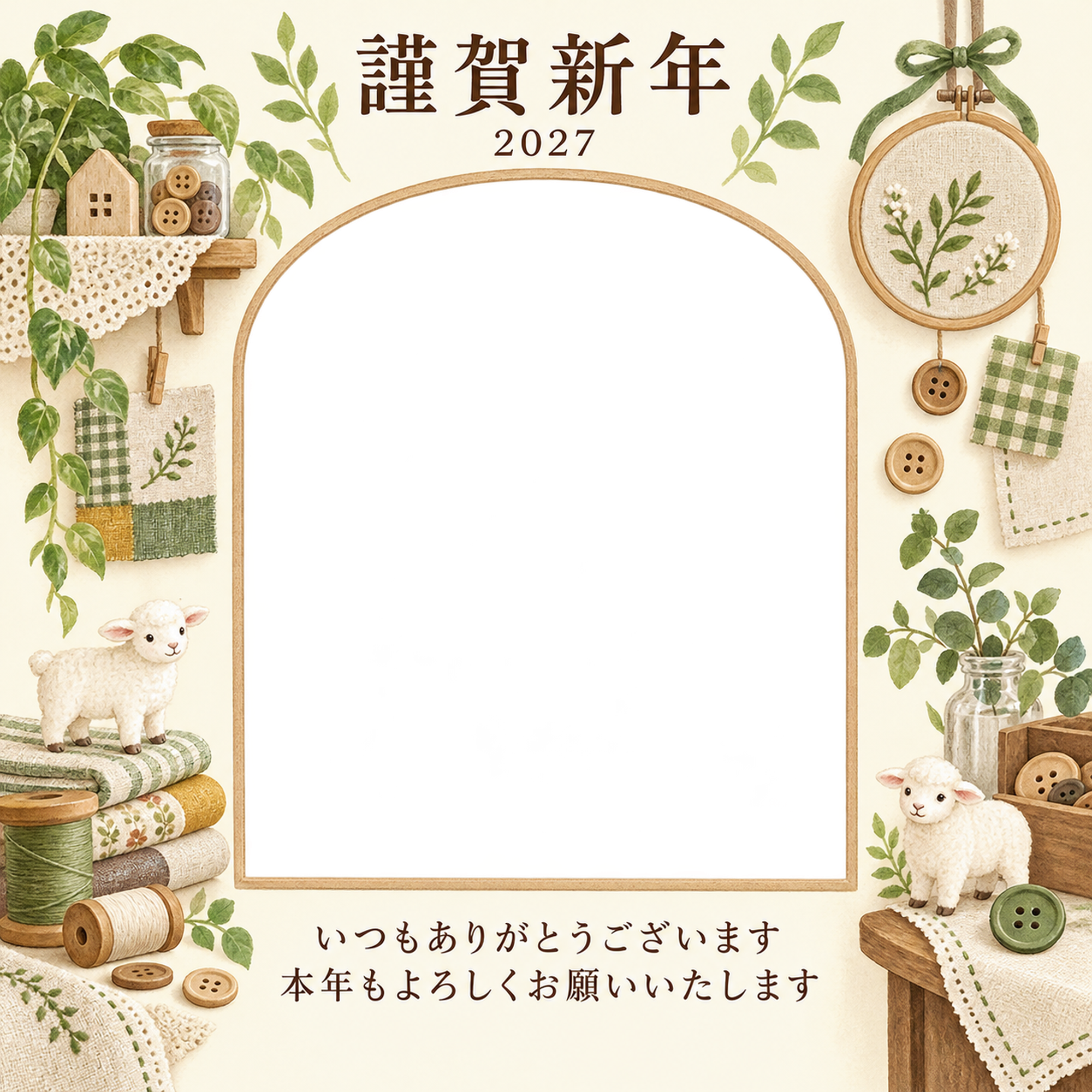 若葉の窓辺・糸の写真年賀状｜お店・スタッフの無料イラスト素材 99532に写真・文字を入れる