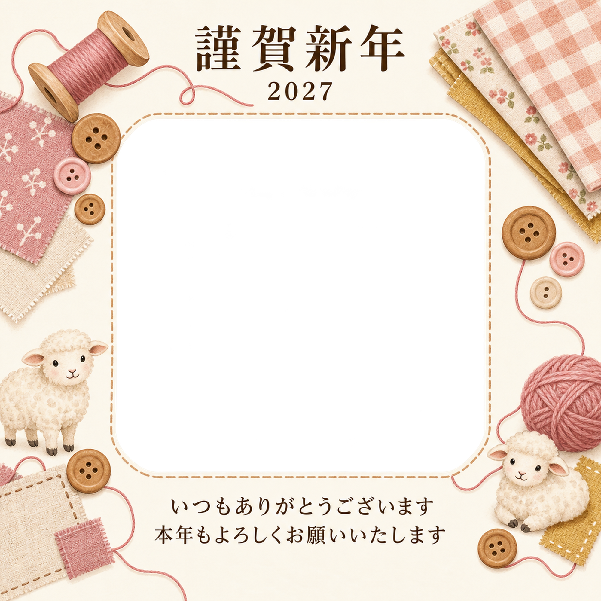 桃色のやさしさ・糸の写真年賀状｜お店・スタッフの無料イラスト素材 99533に写真・文字を入れる