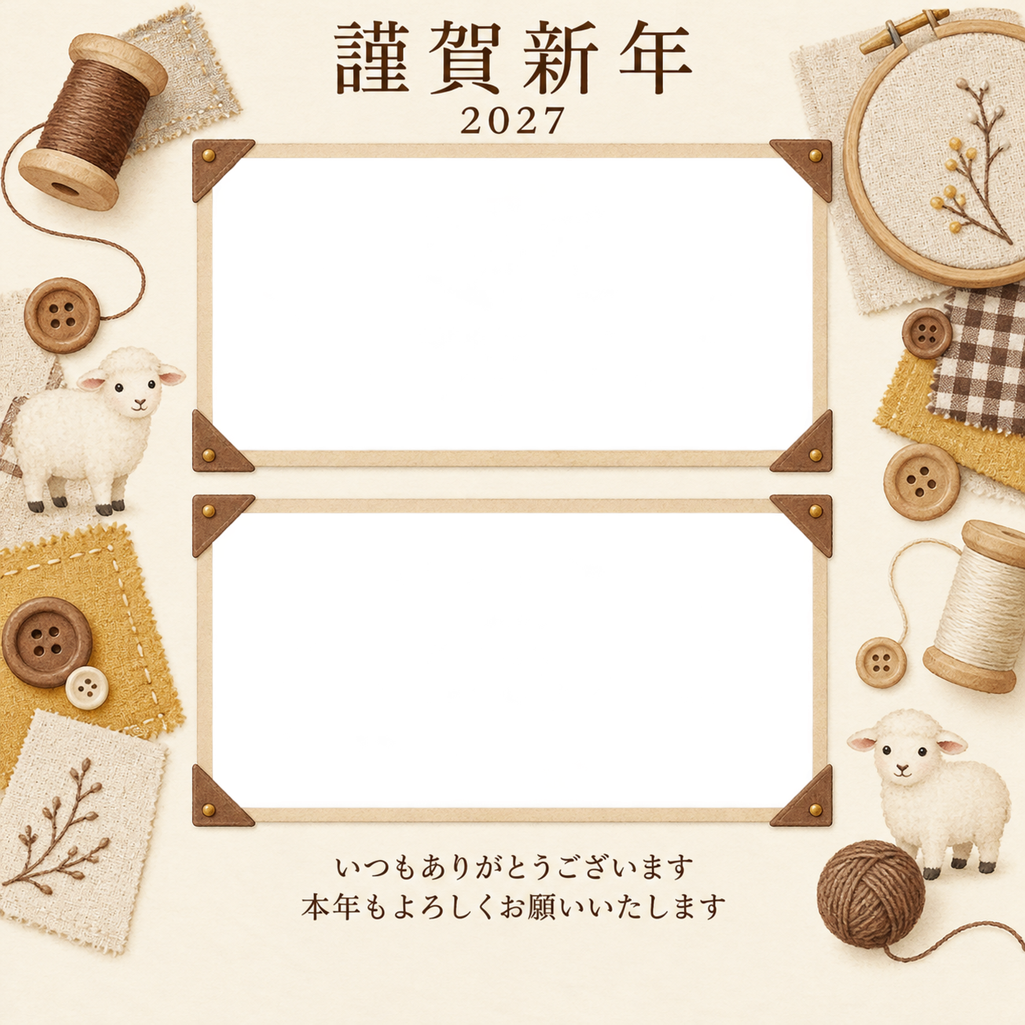 アルバムの一頁・糸の写真年賀状｜お店・スタッフの無料イラスト素材 99534に写真・文字を入れる