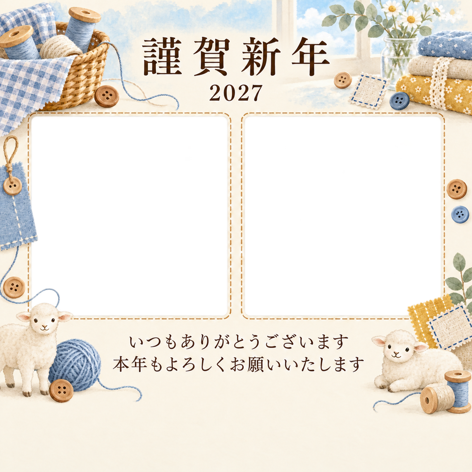 水色の朝・糸の写真年賀状｜お店・スタッフの無料イラスト素材 99535に写真・文字を入れる