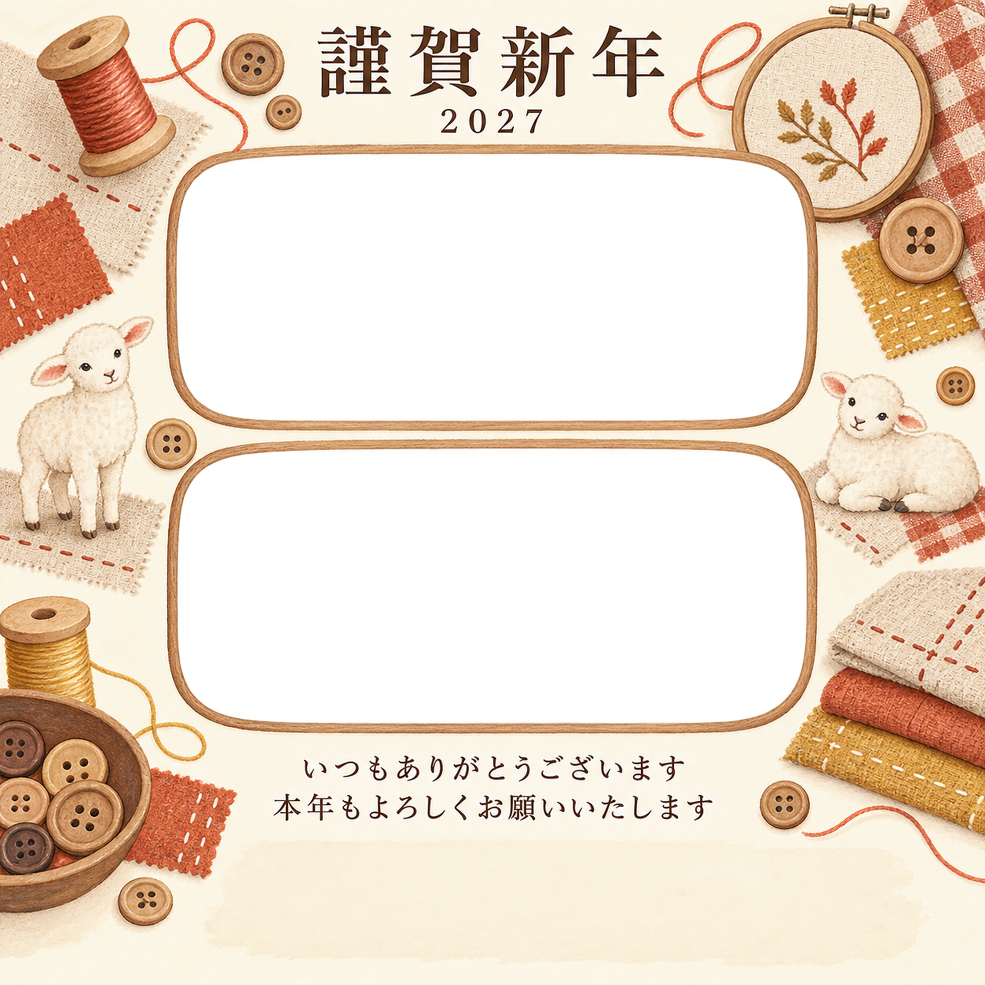 木のぬくもり・糸の写真年賀状｜お店・スタッフの無料イラスト素材 99536に写真・文字を入れる