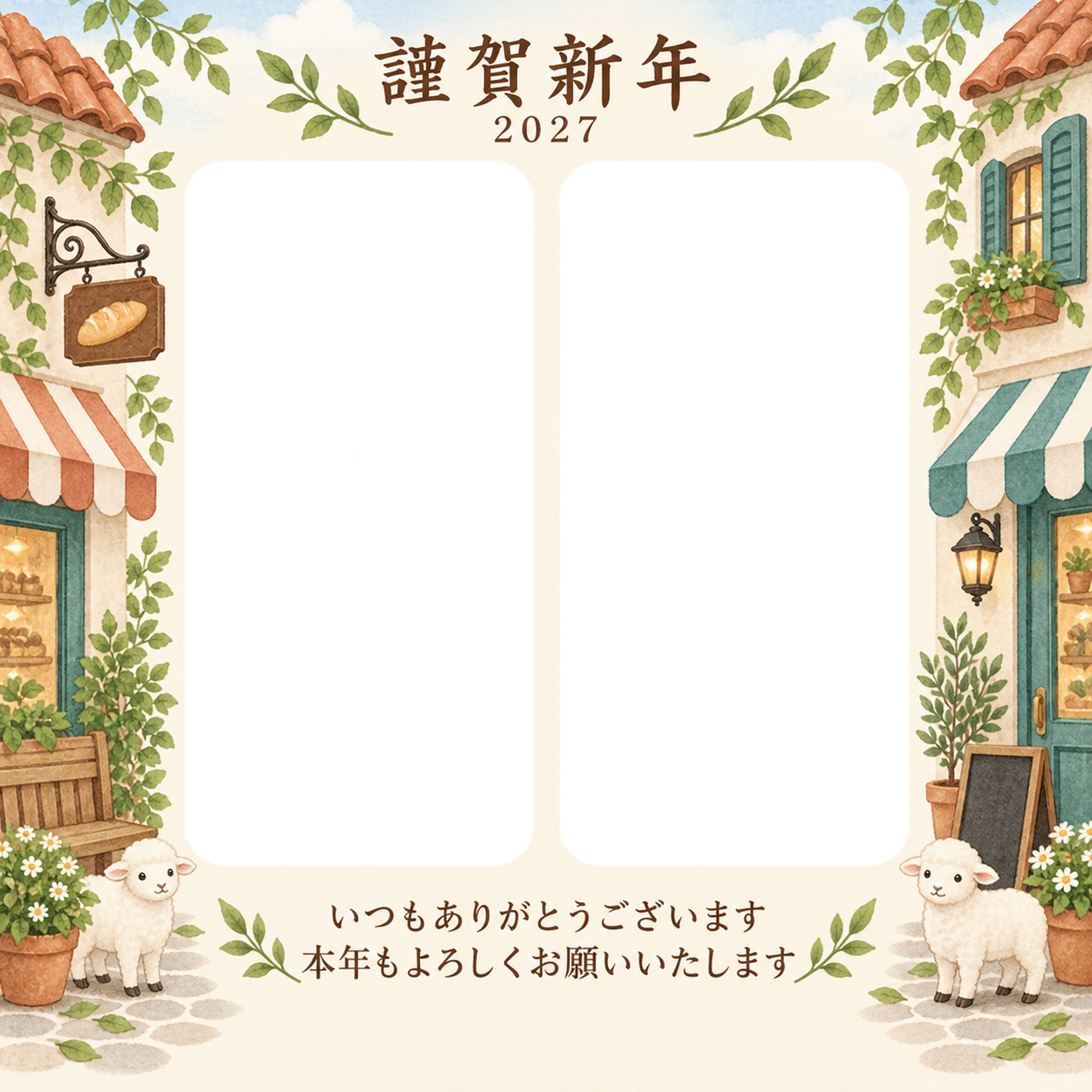 水色の朝・小さな屋根の写真年賀状｜お店・スタッフの無料イラスト素材 99548に写真・文字を入れる