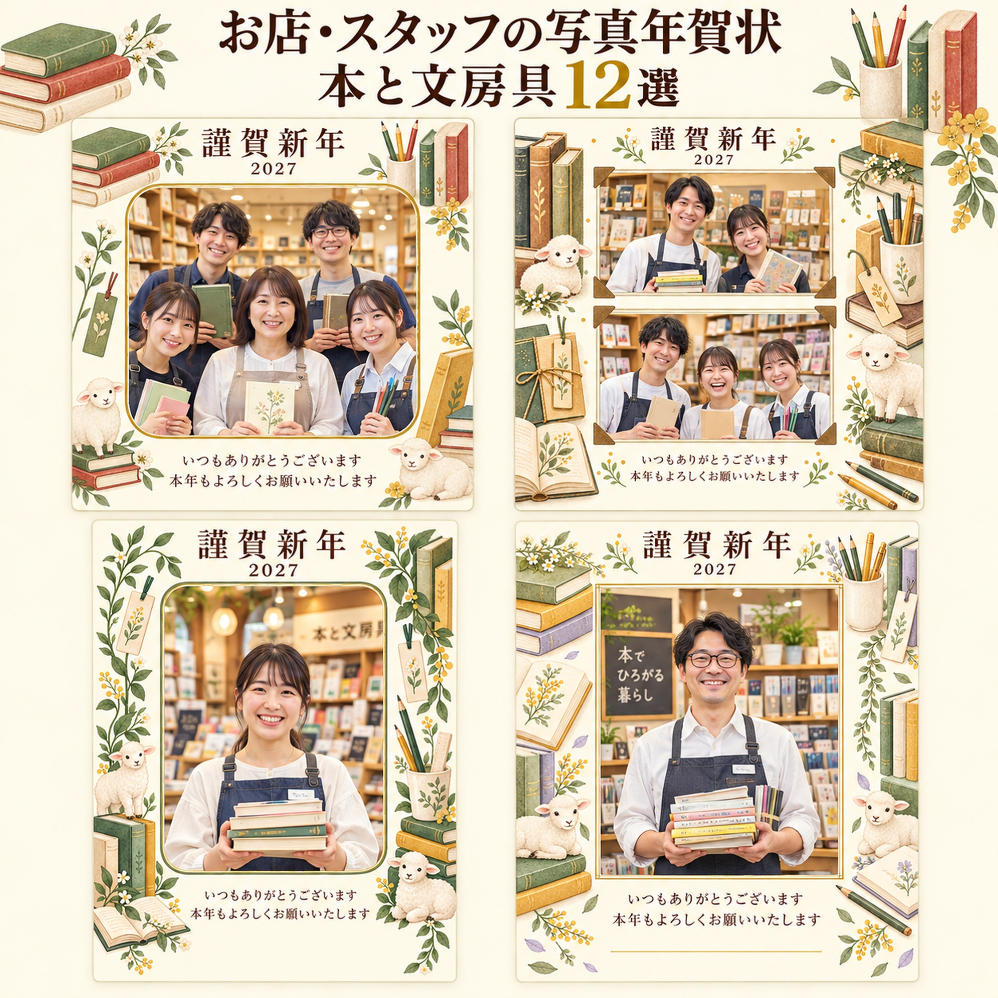 お店・スタッフの写真年賀状・本と文房具12選｜無料イラスト素材 99555に写真・文字を入れる