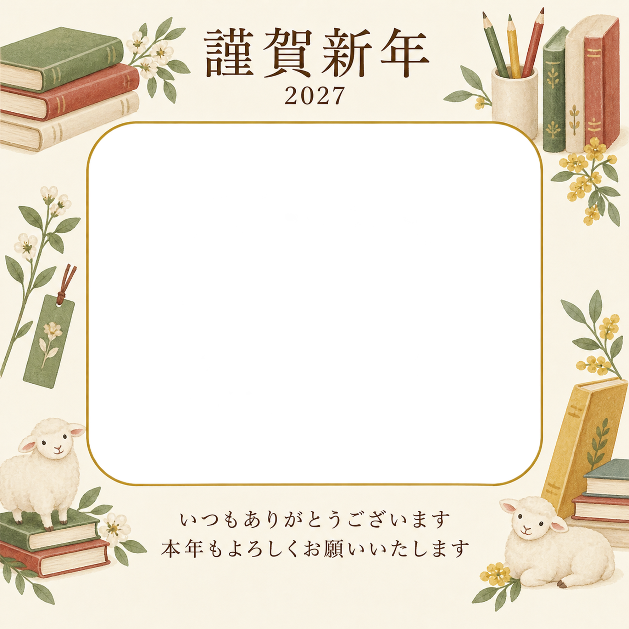 余白を生かす和・本の写真年賀状｜お店・スタッフの無料イラスト素材 99556に写真・文字を入れる