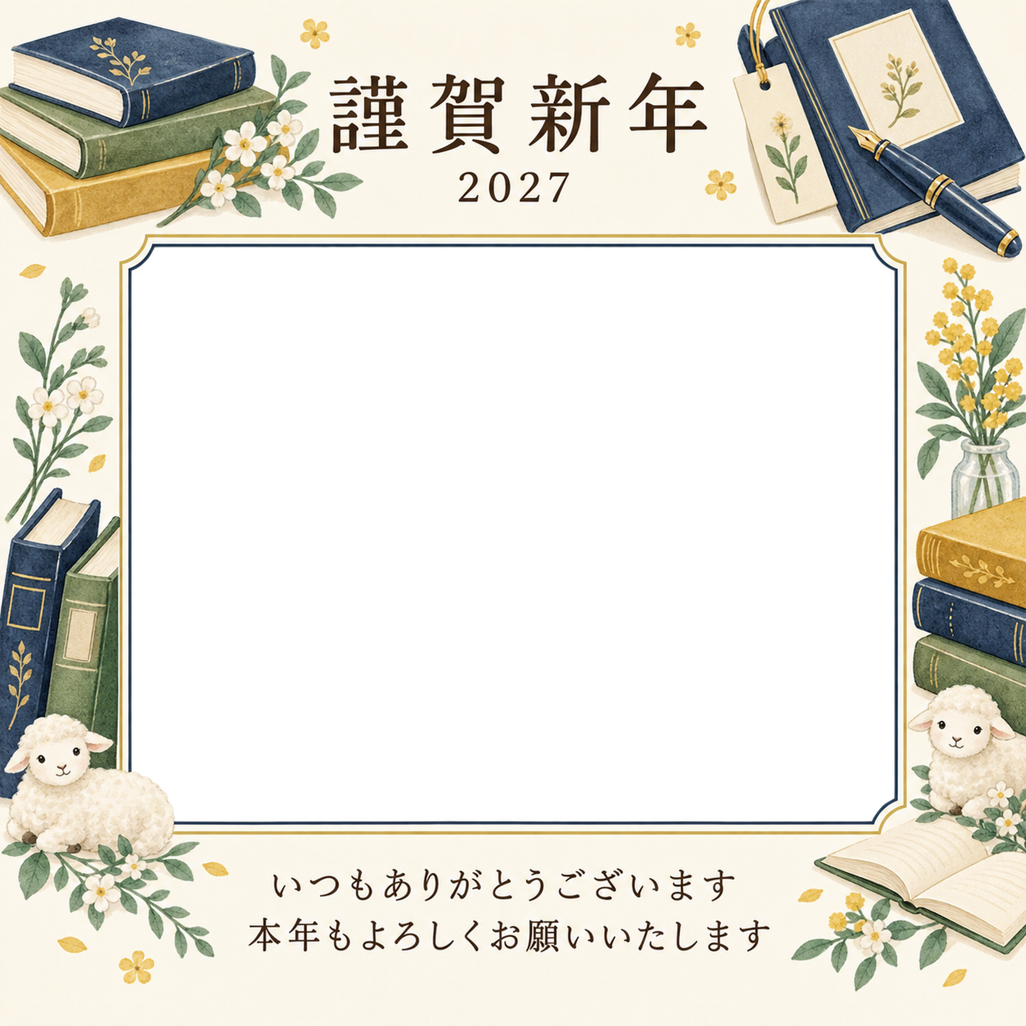 紺色の晴れやかさ・本の写真年賀状｜お店・スタッフの無料イラスト素材 99557に写真・文字を入れる