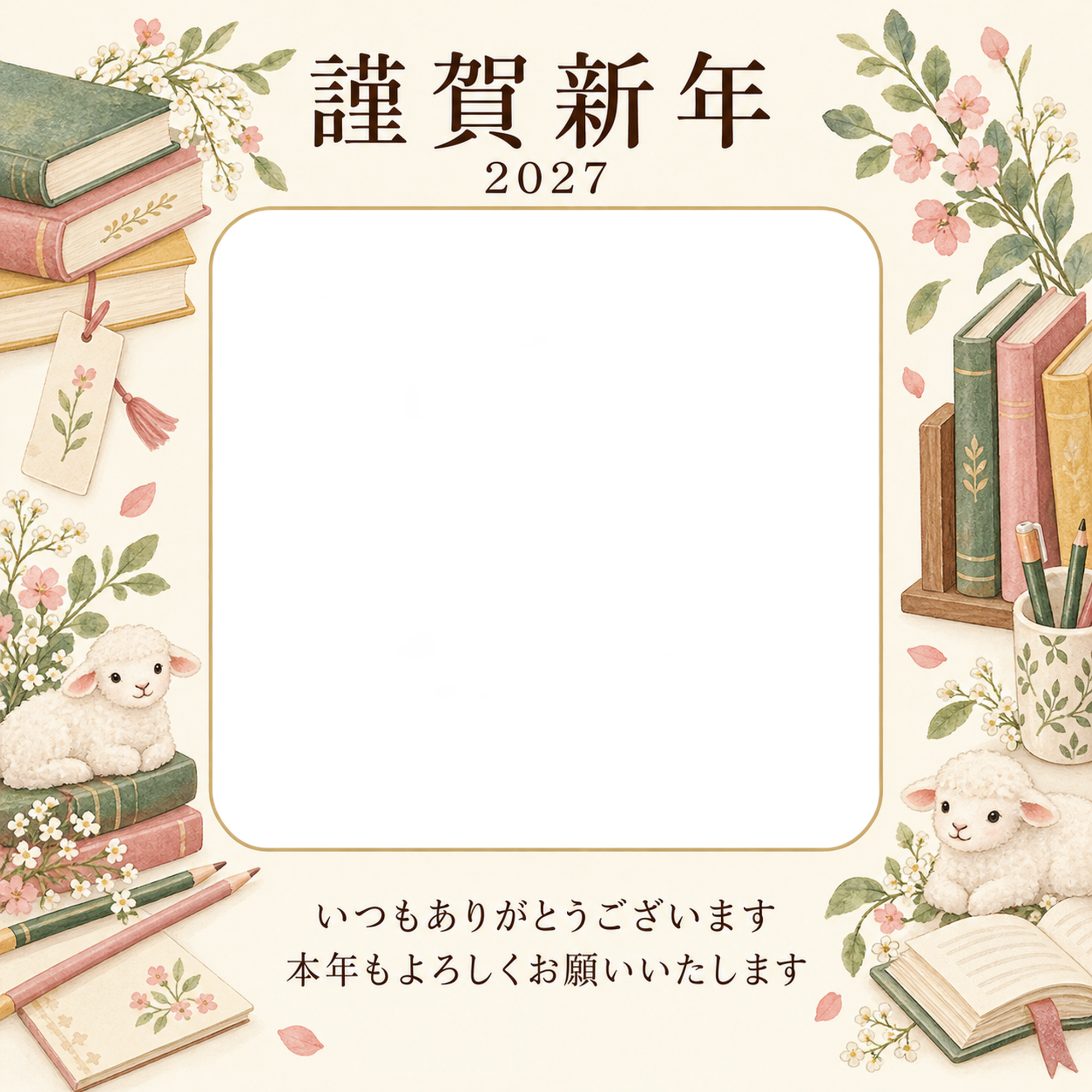 桃色のやさしさ・本の写真年賀状｜お店・スタッフの無料イラスト素材 99559に写真・文字を入れる