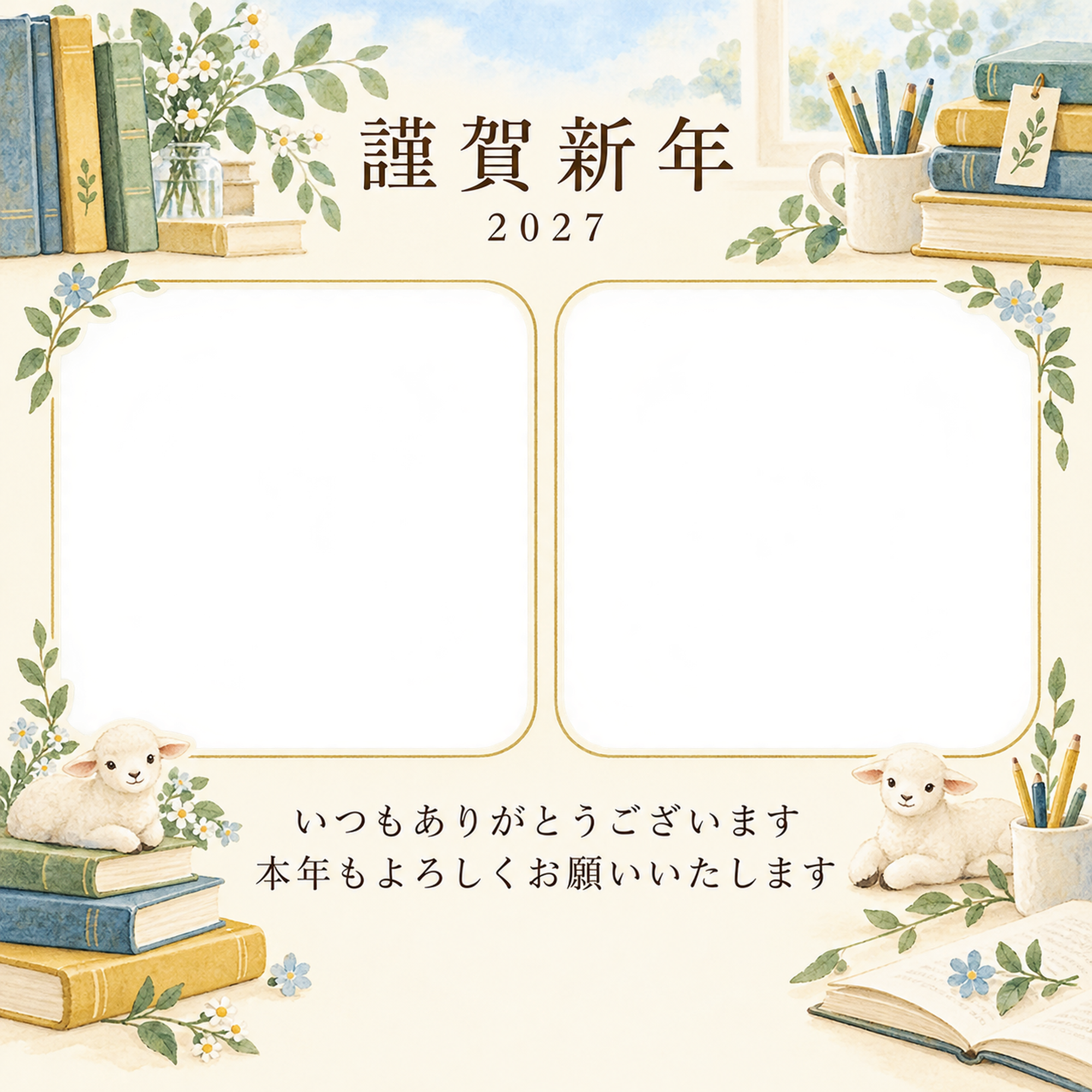 水色の朝・本の写真年賀状｜お店・スタッフの無料イラスト素材 99561に写真・文字を入れる