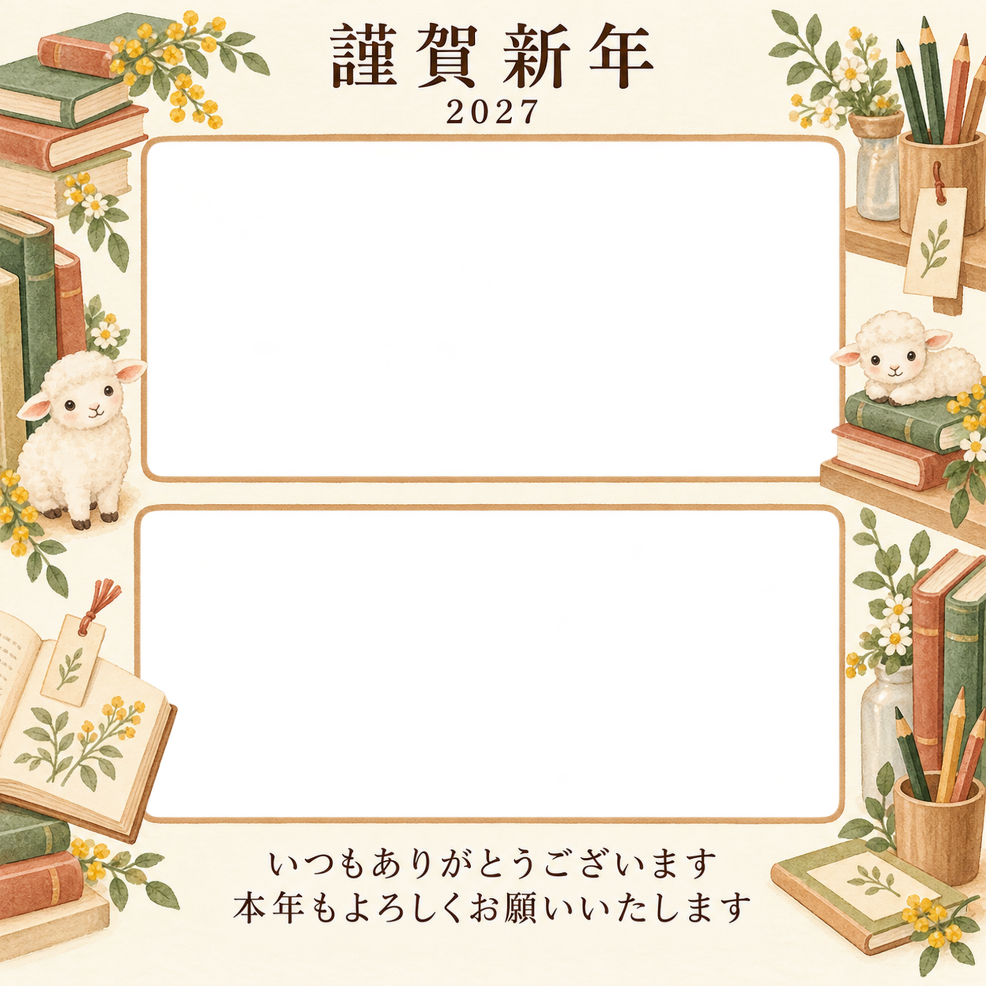木のぬくもり・本の写真年賀状｜お店・スタッフの無料イラスト素材 99562に写真・文字を入れる