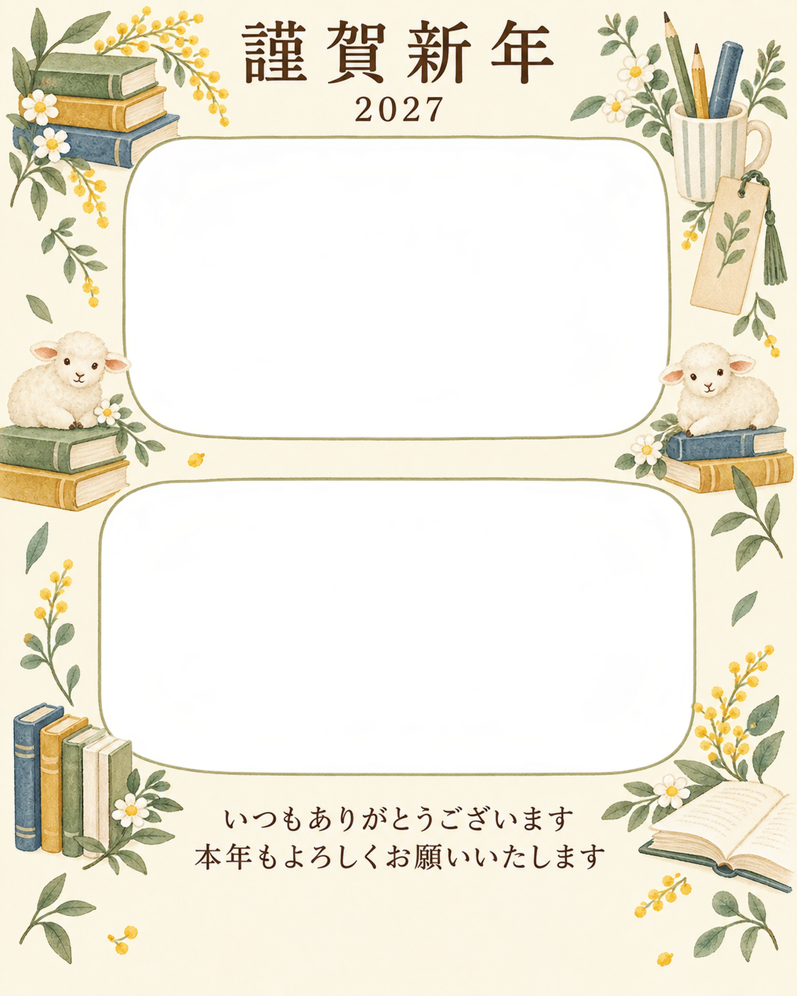 季節をつなぐ・本の写真年賀状｜お店・スタッフの無料イラスト素材 99566に写真・文字を入れる