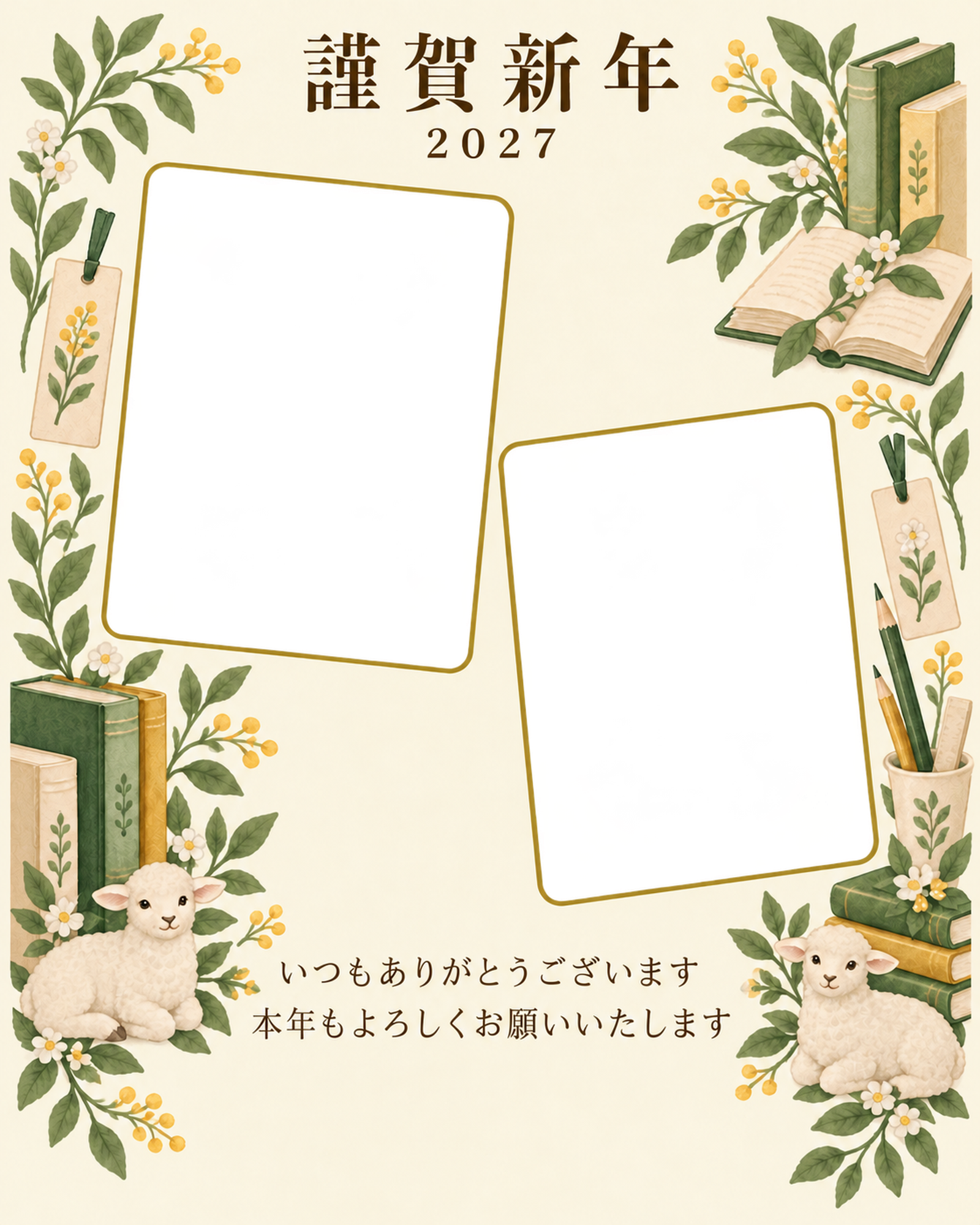 写真をすっきり・本の写真年賀状｜お店・スタッフの無料イラスト素材 99567に写真・文字を入れる