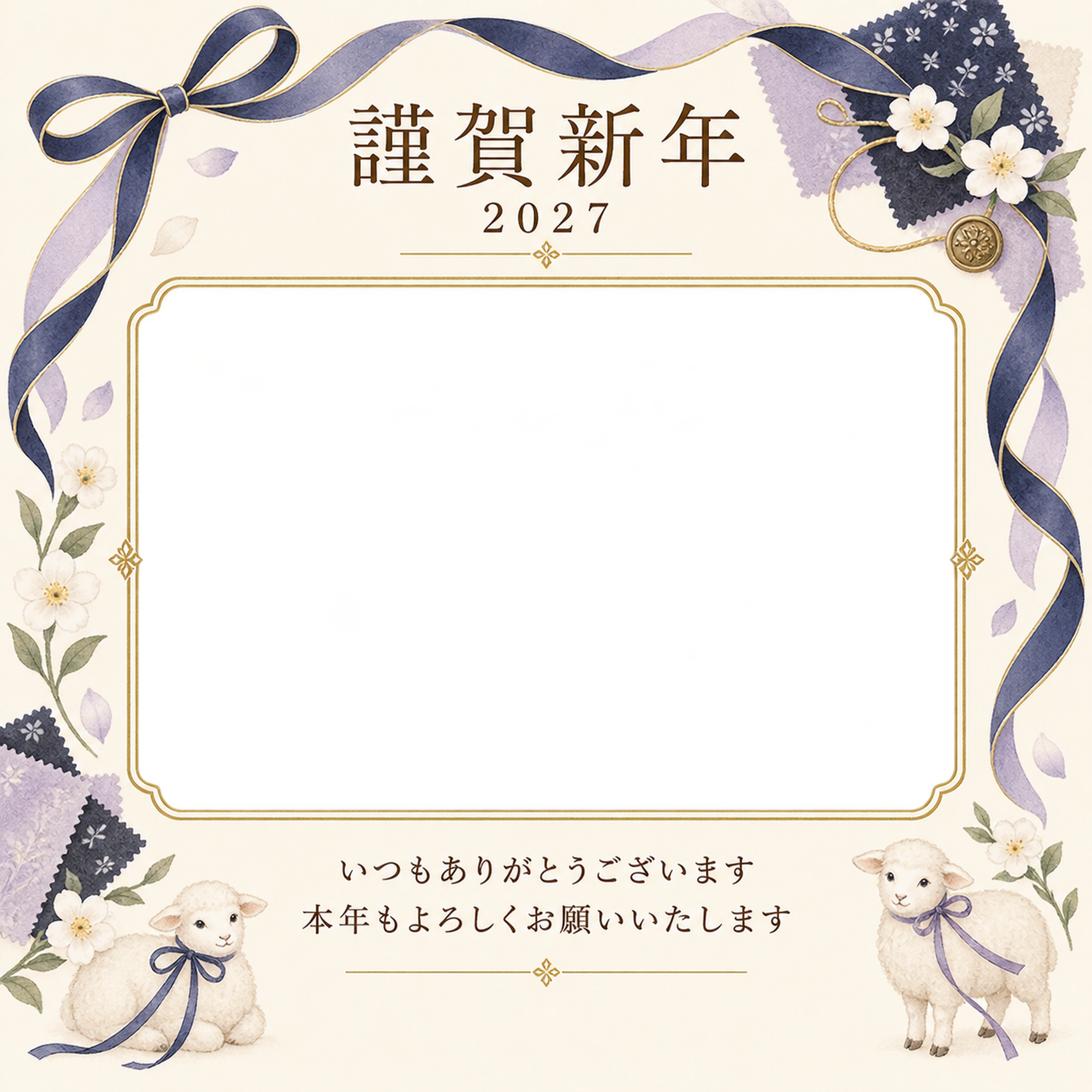 紺色の晴れやかさ・細いリボンの写真年賀状｜お店・スタッフの無料イラスト素材 99570に写真・文字を入れる