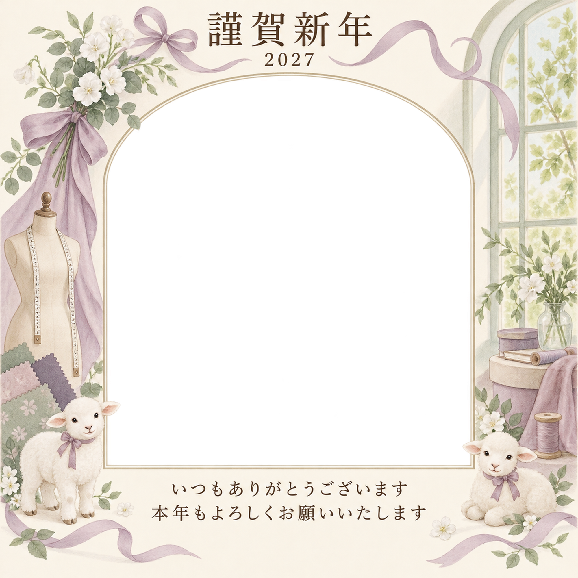 若葉の窓辺・細いリボンの写真年賀状｜お店・スタッフの無料イラスト素材 99571に写真・文字を入れる
