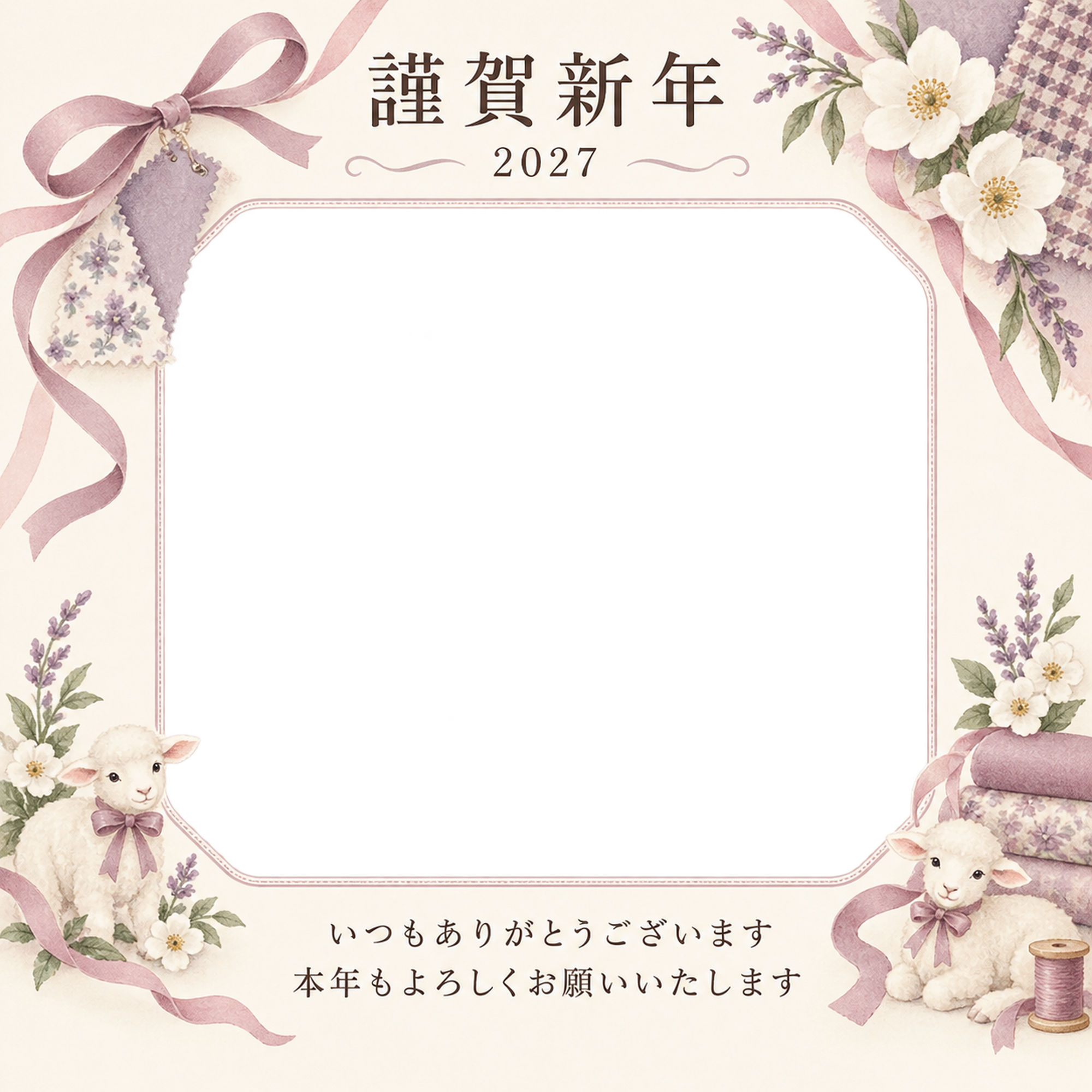 桃色のやさしさ・細いリボンの写真年賀状｜お店・スタッフの無料イラスト素材 99572に写真・文字を入れる