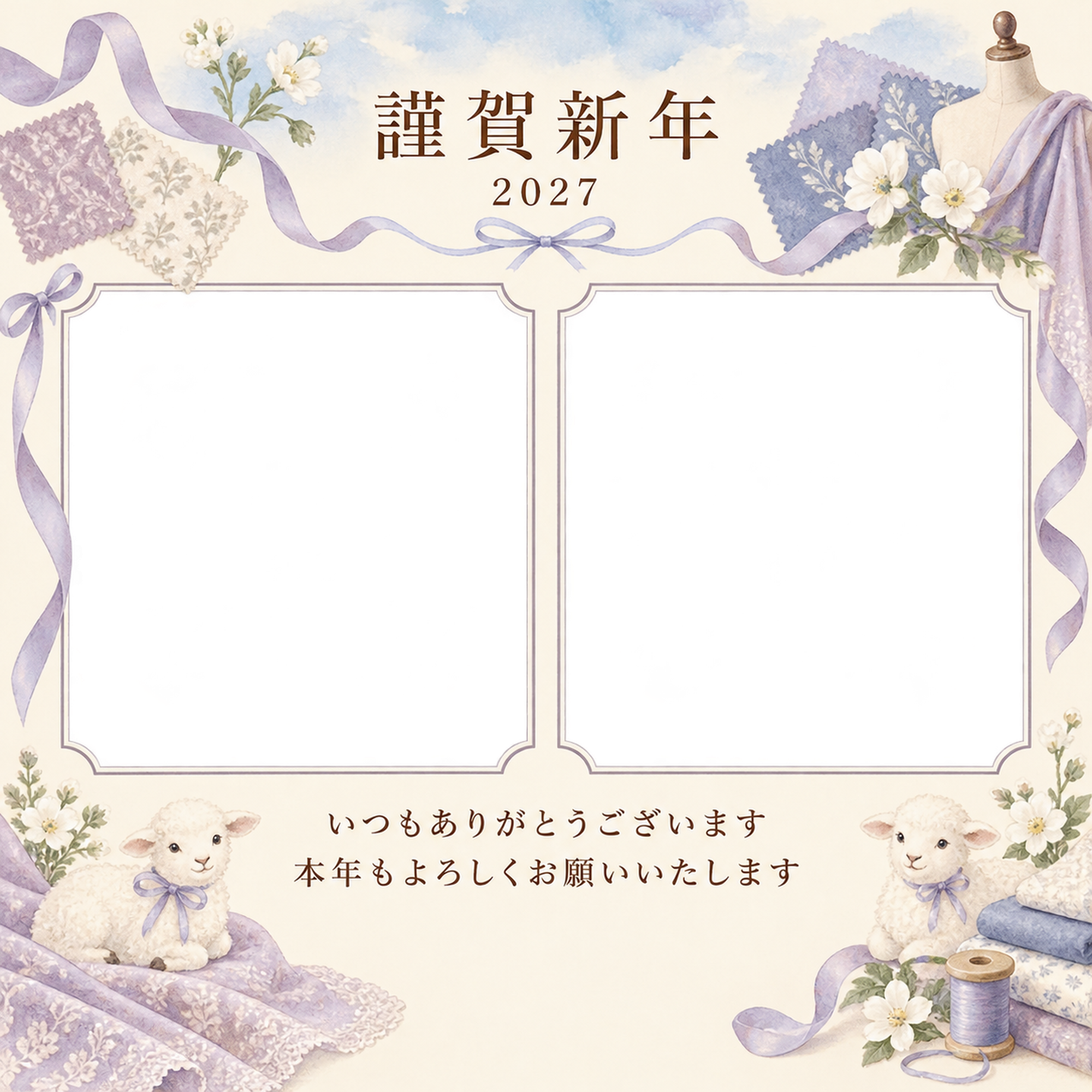 水色の朝・細いリボンの写真年賀状｜お店・スタッフの無料イラスト素材 99574に写真・文字を入れる